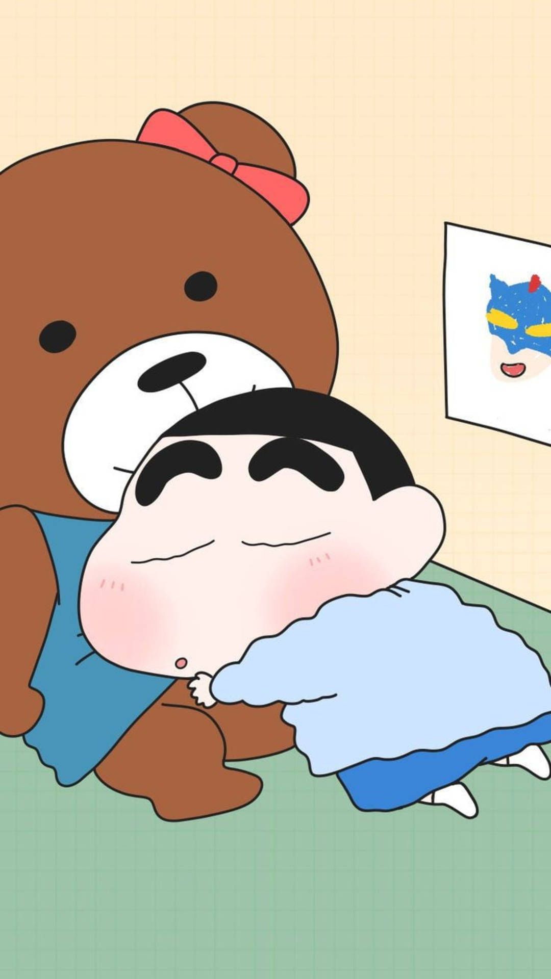 A phone wallpaper of Shin Chan sleeping with a teddy bear - Teddy bear