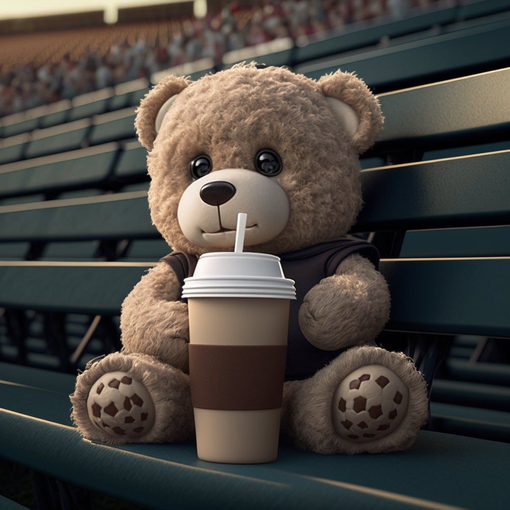 A teddy bear sitting on a bench with a coffee - Teddy bear