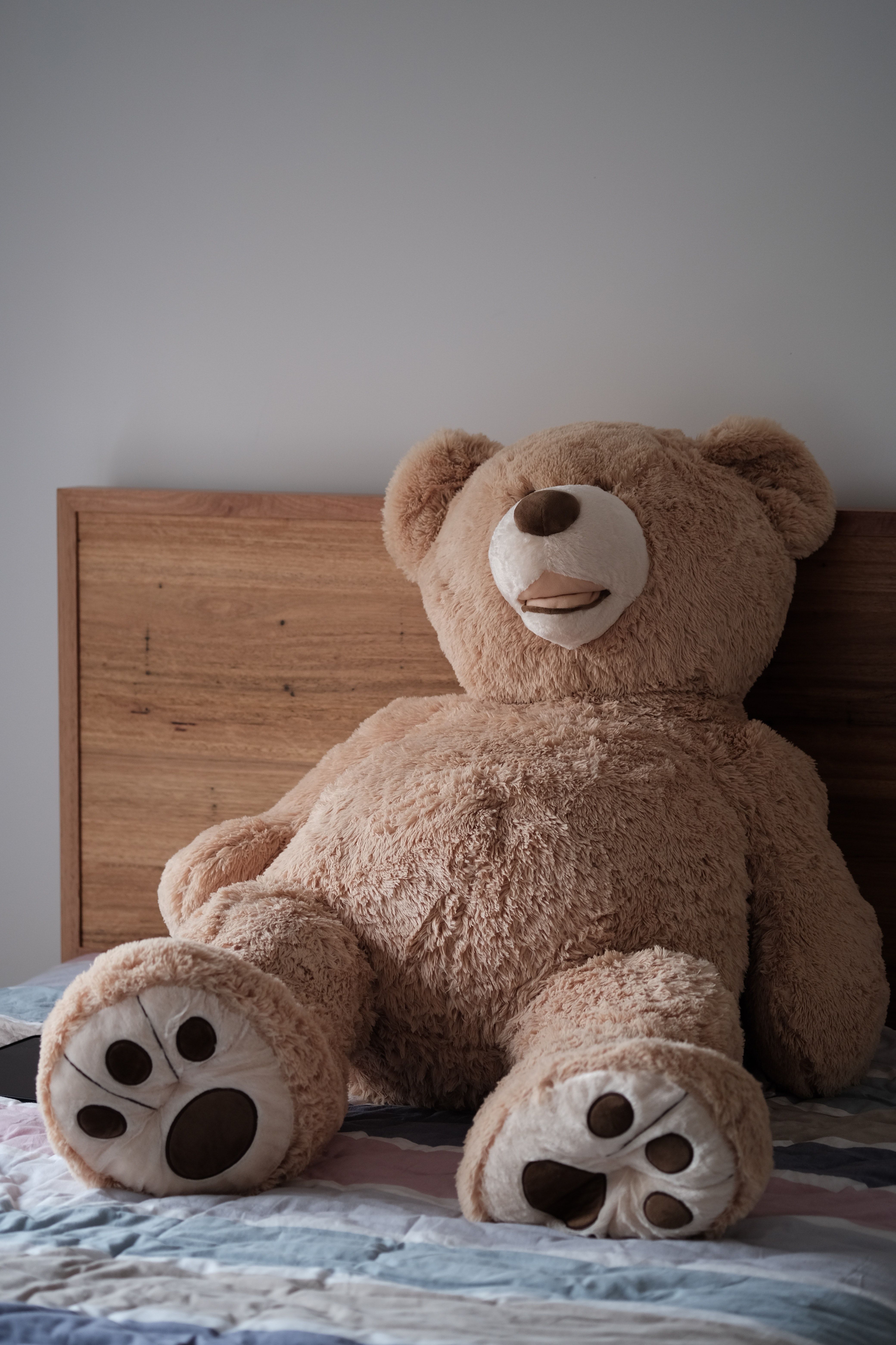 A large teddy bear sitting on top of the bed - Teddy bear