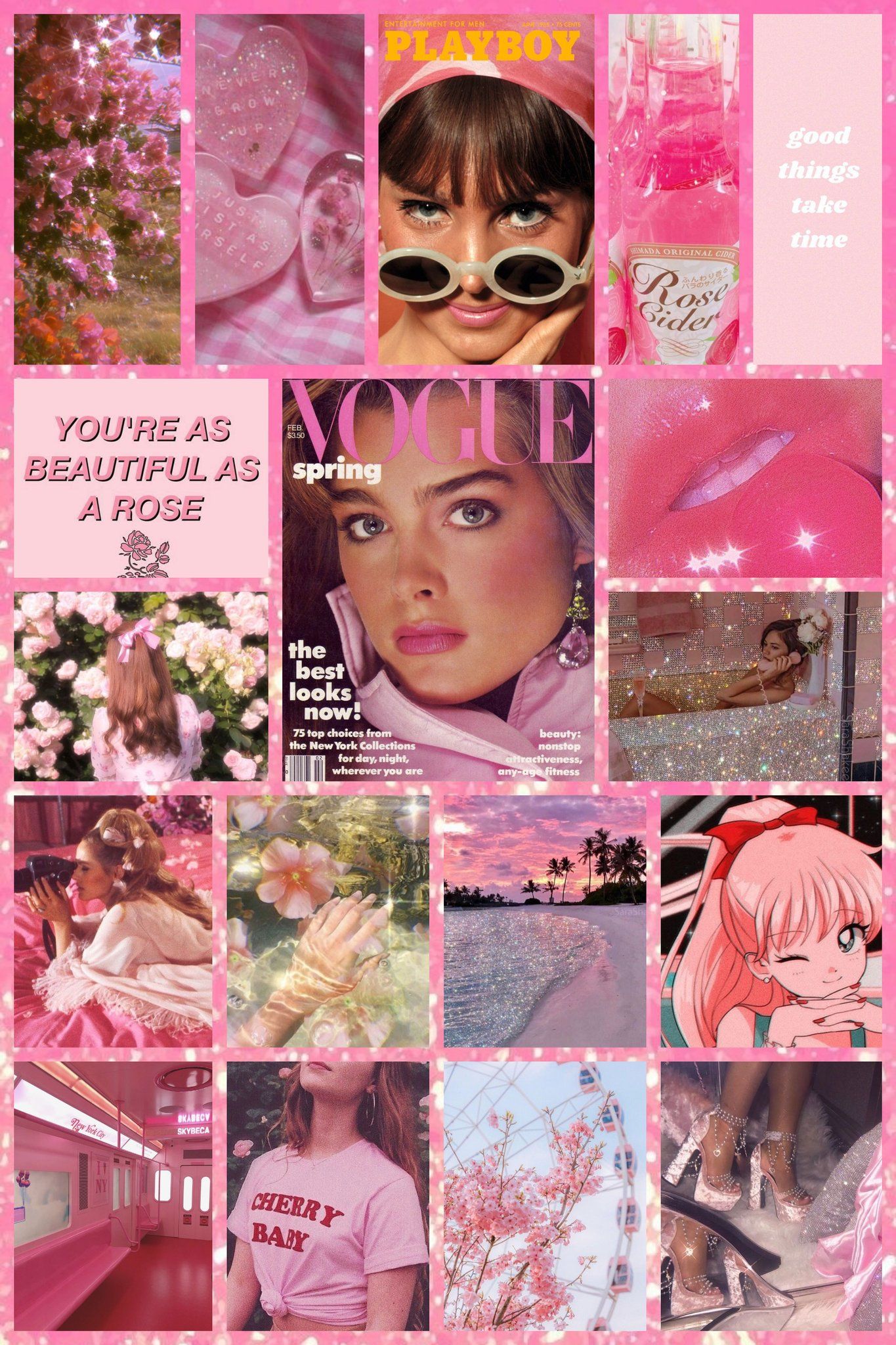 A collage of photos in a pink aesthetic including magazine clippings, photos of women, and anime. - Makeup, Vogue, collage, fashion, pink collage