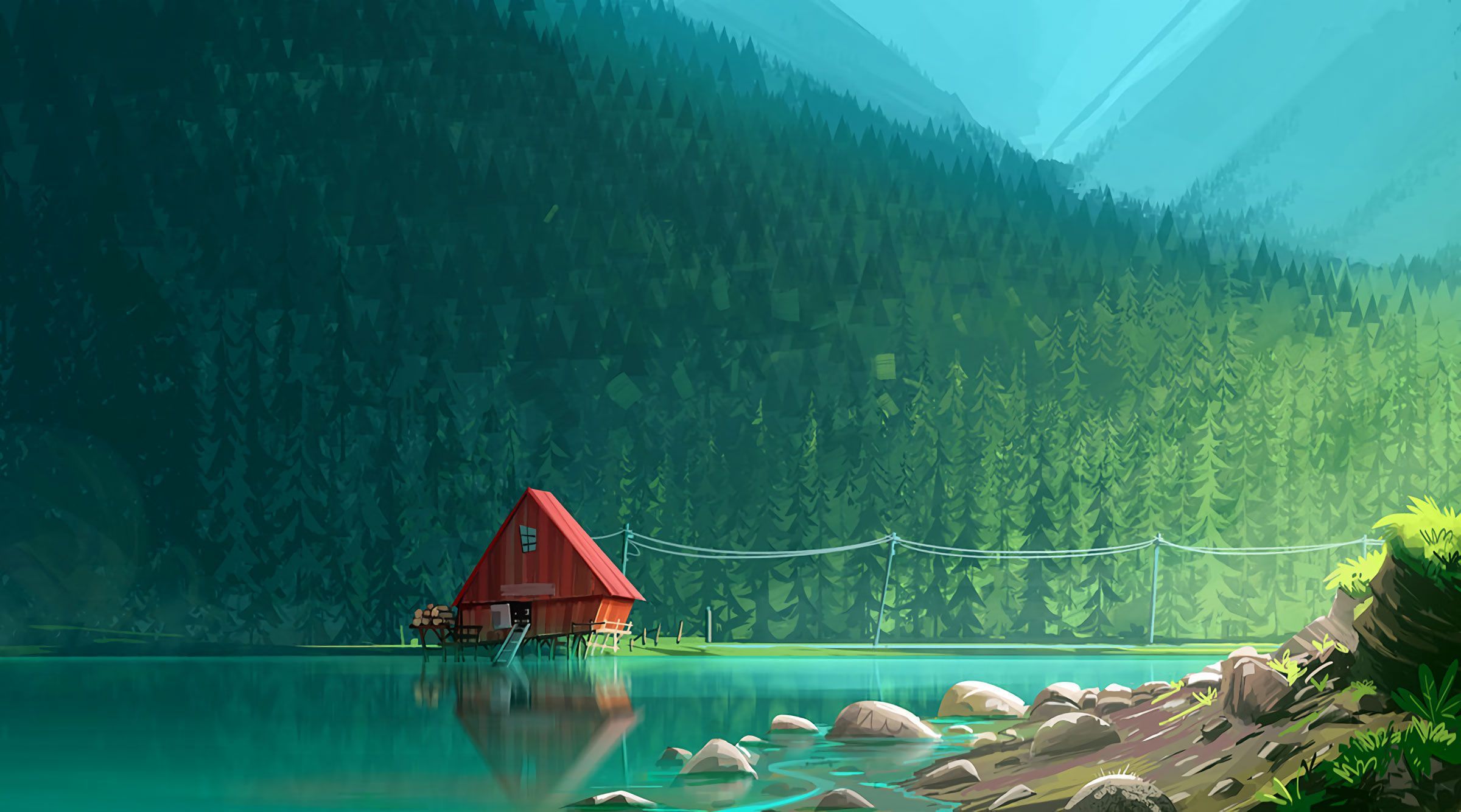 A painting of the mountains and water - Desktop, teal, computer, dark green, lake
