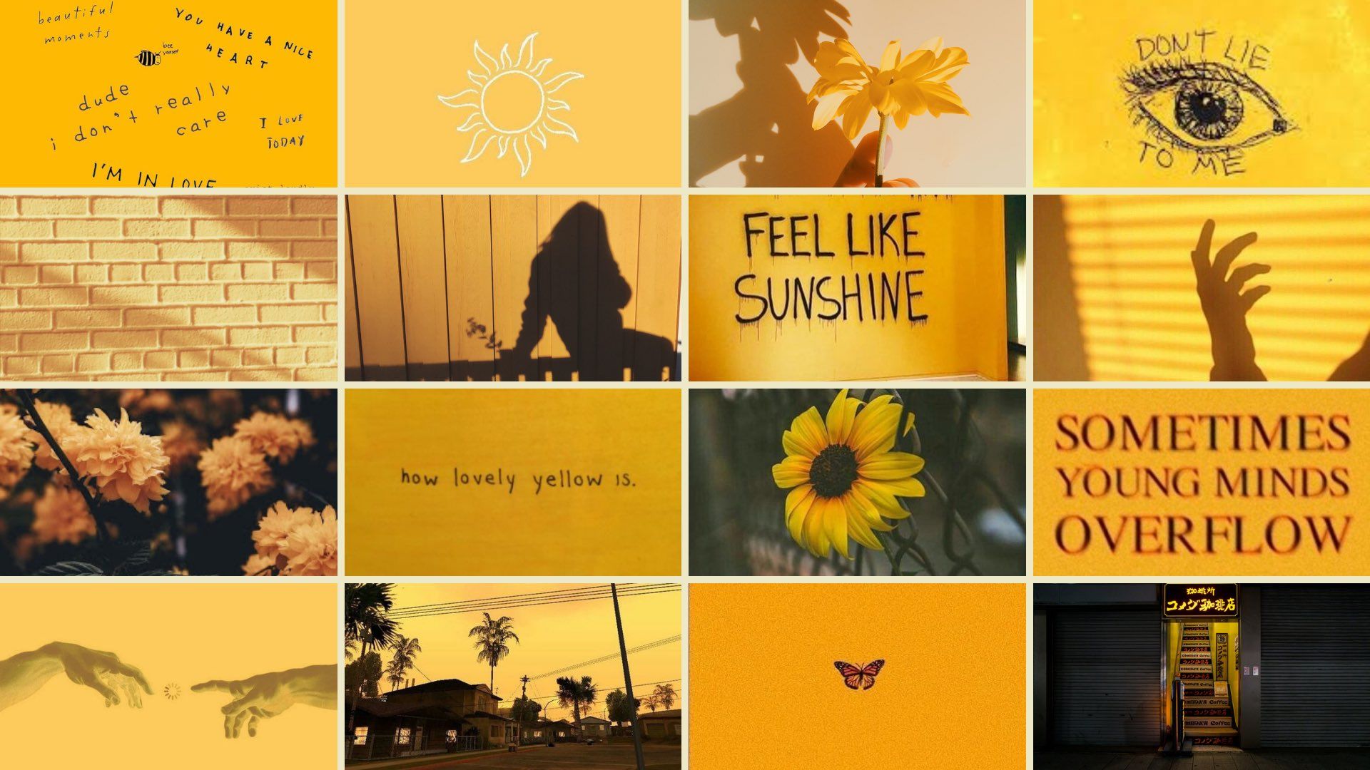 A collage of 16 different yellow aesthetic pictures. - Yellow, sunshine