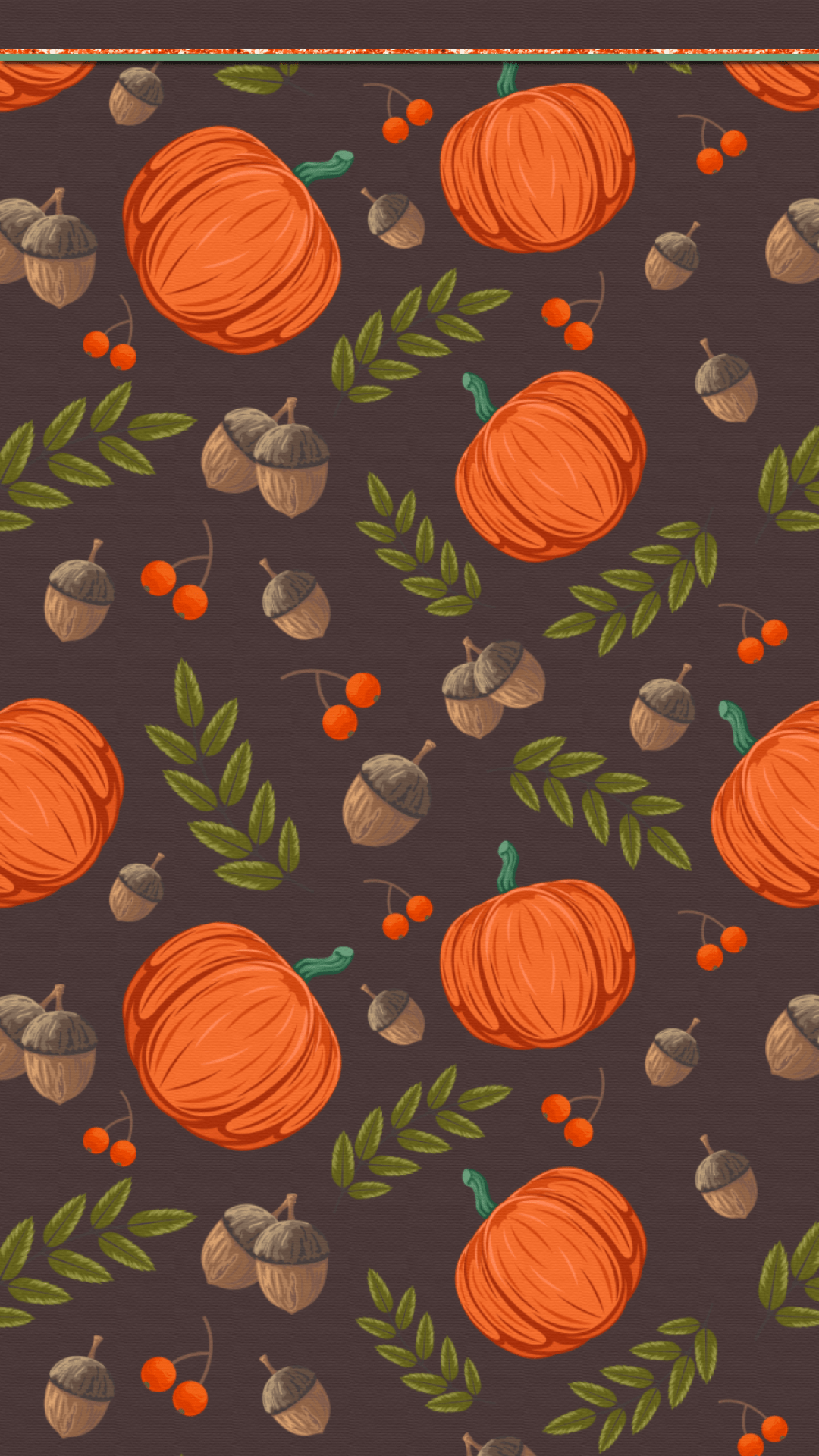A phone wallpaper with pumpkins, leaves, and acorns on a brown background - Fall, Thanksgiving