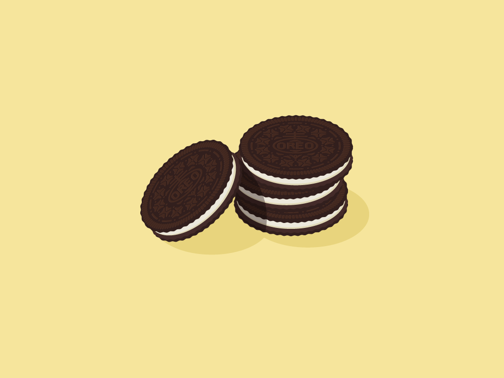Illustration of three chocolate sandwich cookies with white filling on a yellow background - Oreo