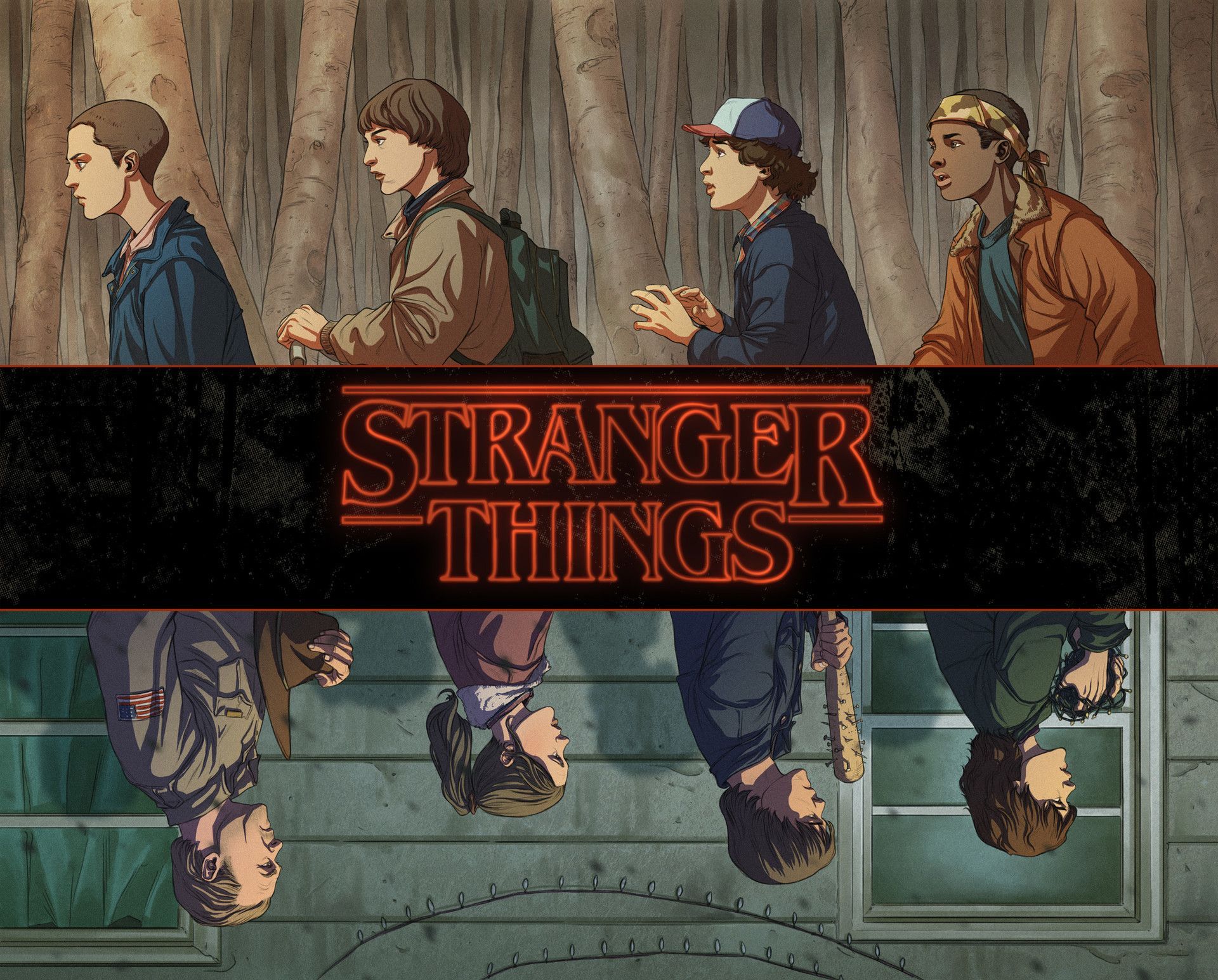 The Upside Down is a world of upside-down images, where the characters of Stranger Things are all upside down. - Stranger Things
