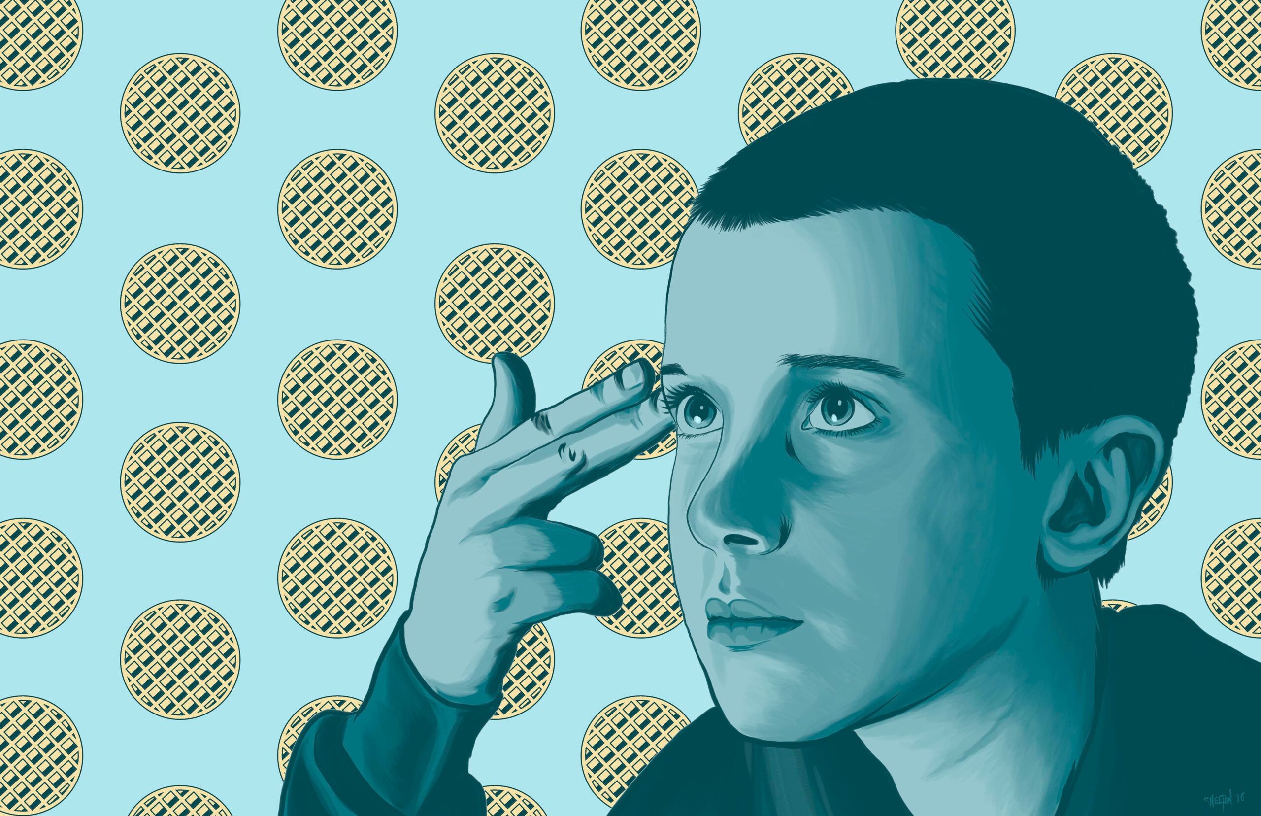 An illustration of Eleven from Stranger Things with a blue background and waffles on it. - Stranger Things