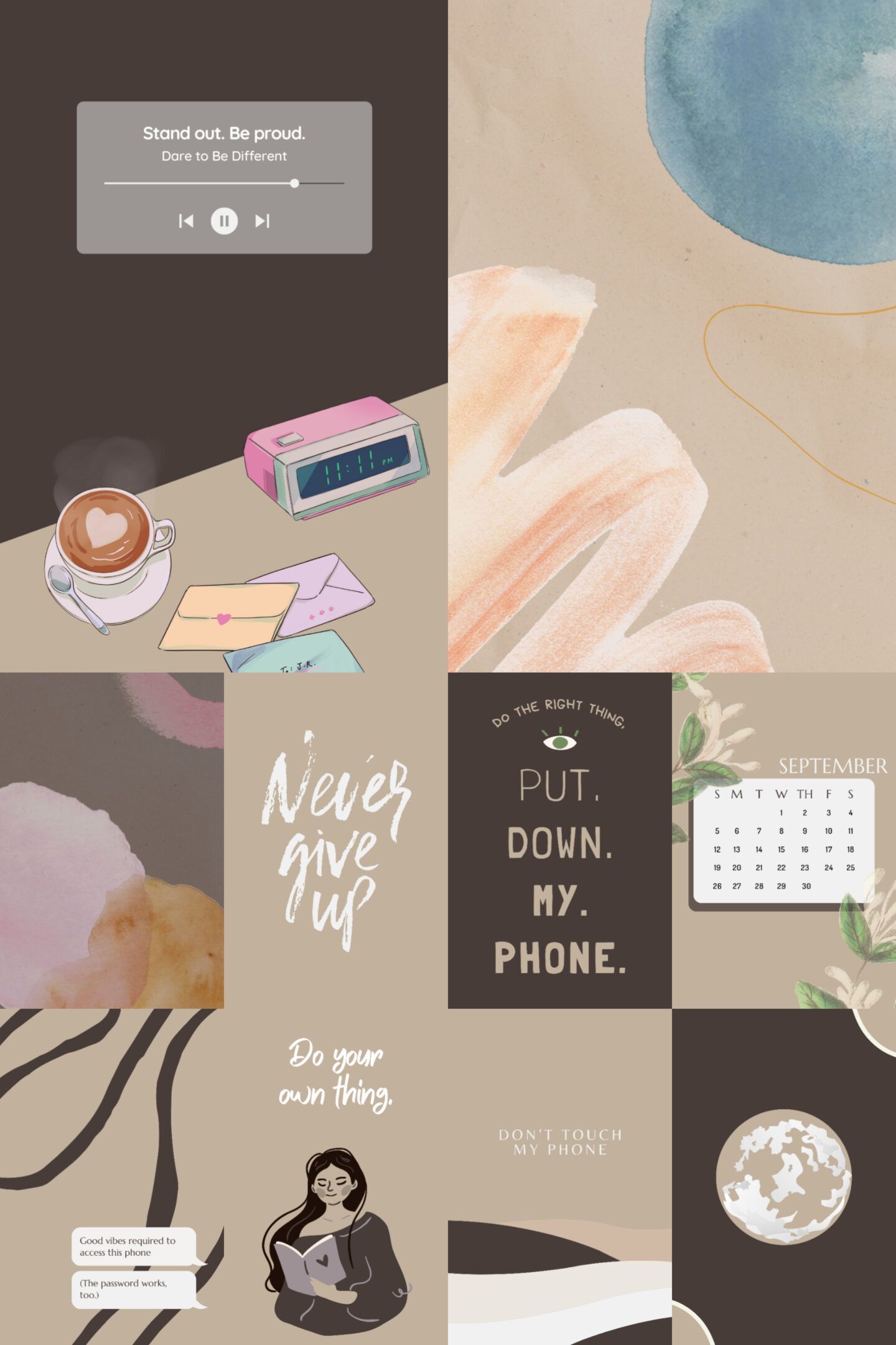 Collage of images with a coffee cup, calendar, clock, envelope, and a motivational quote - Phone, don't touch my phone, beige