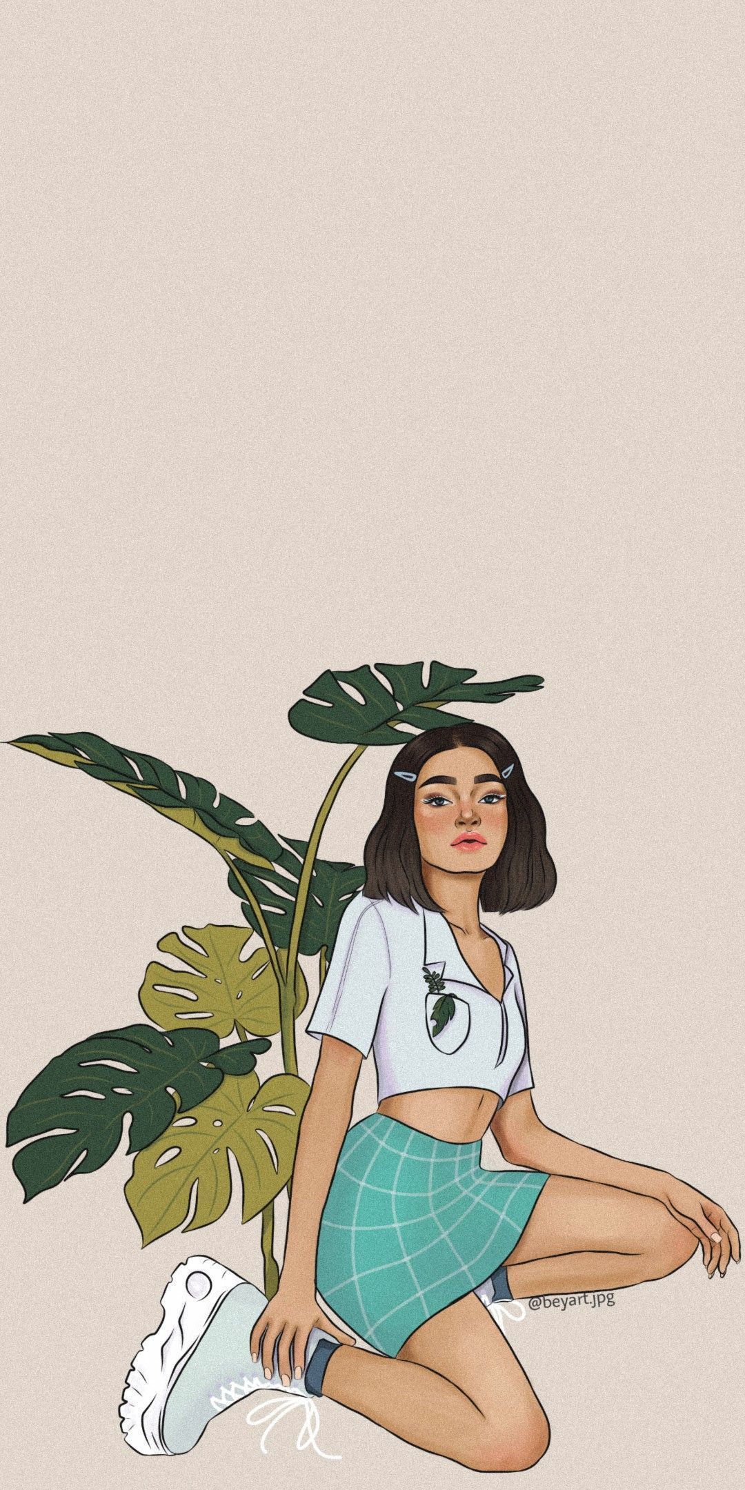 A girl sitting on the ground with plants - Cute