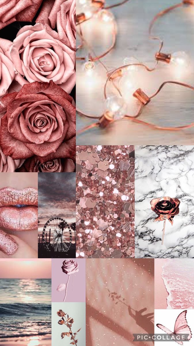 A collage of pink and white roses with some other images - Rose gold
