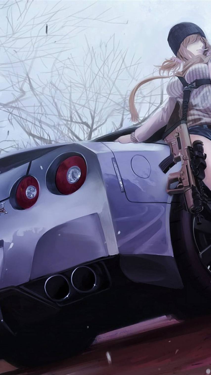 A girl in anime style is sitting on top of the car - JDM, cars