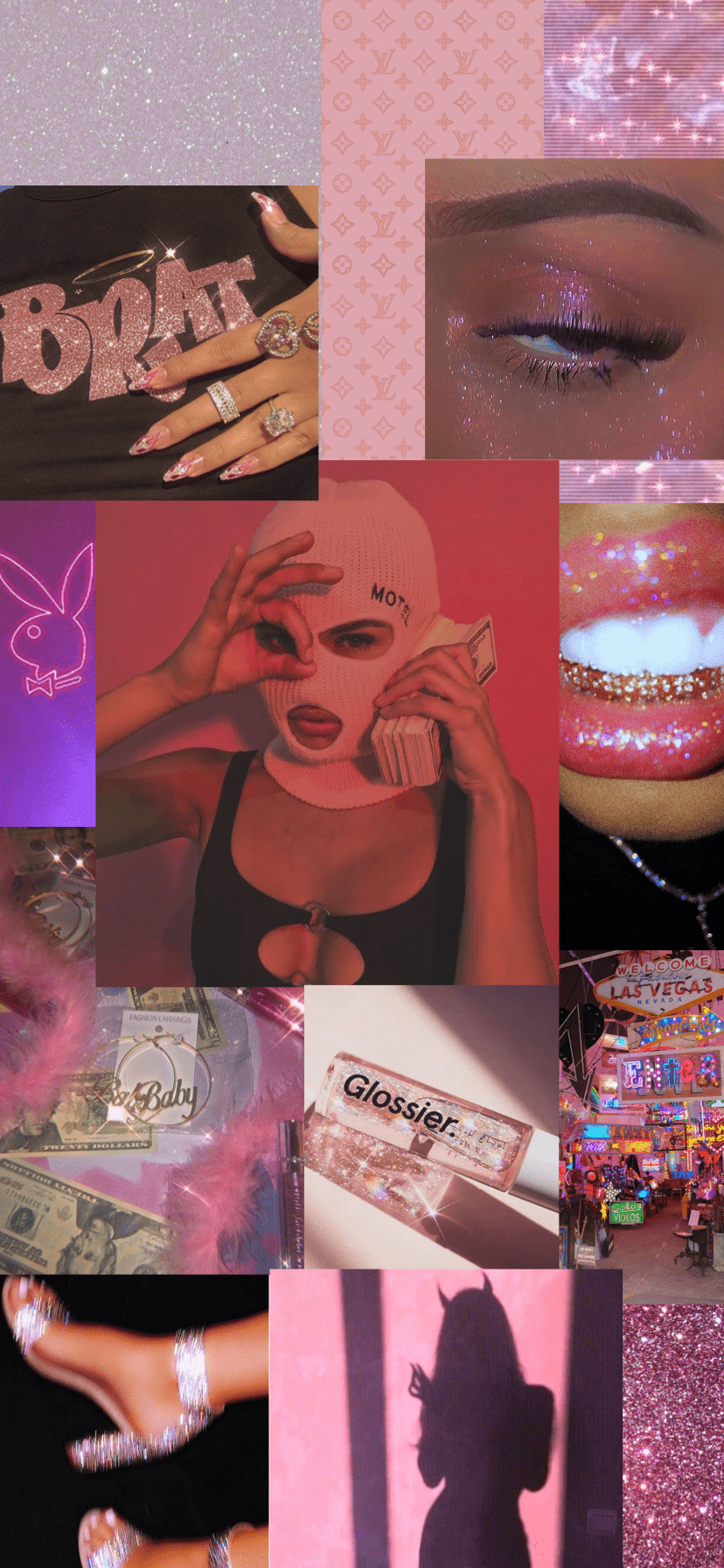 Aesthetic collage of pink and purple images including money, lips, and a woman with a pink mask - Baddie, Las Vegas