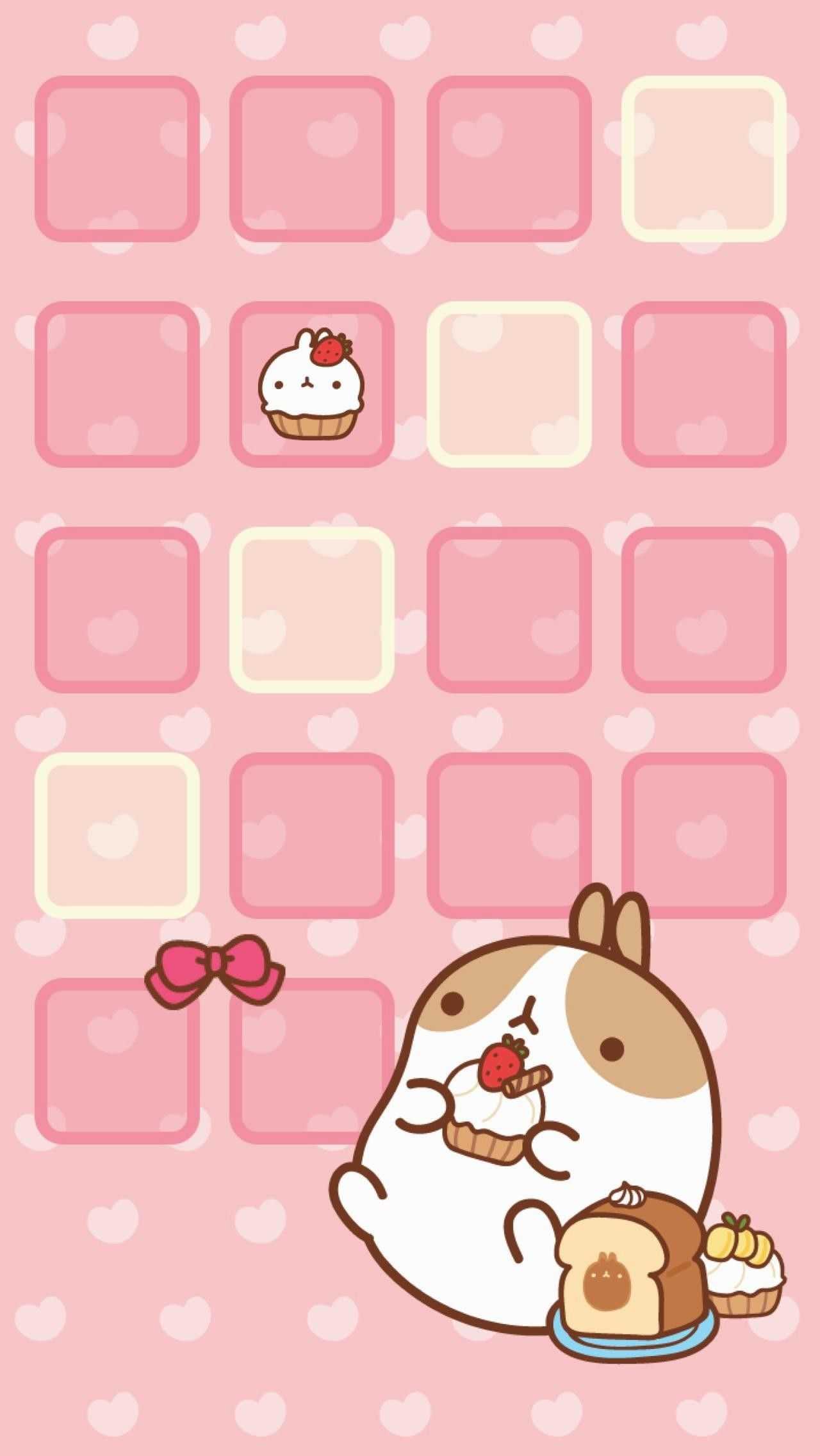 Cute iPhone wallpaper with a kitten eating a cupcake - Molang, kawaii, Pusheen