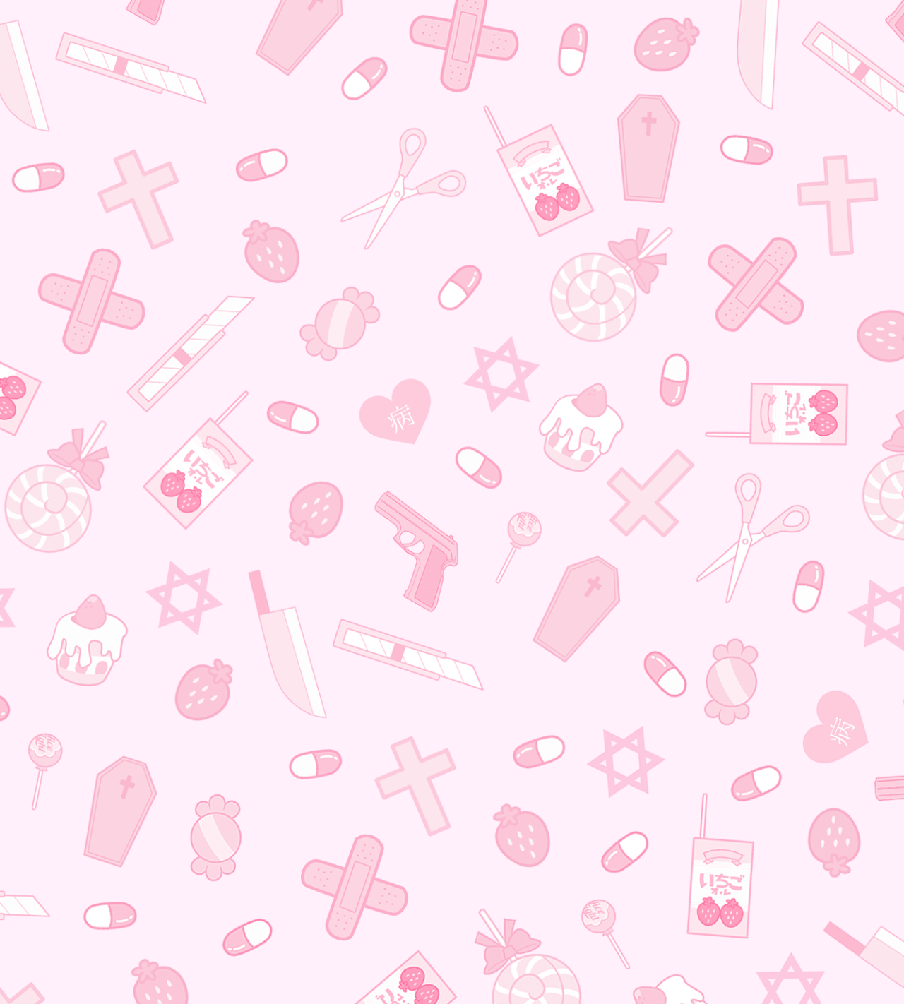 A pink background with various items on it - Kawaii