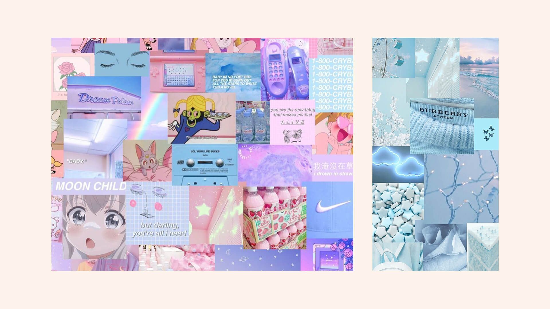 Aesthetic background of blue, pink, purple, and white images. - Laptop, light pink, blue, study, pink anime, HD, pink collage, neutral
