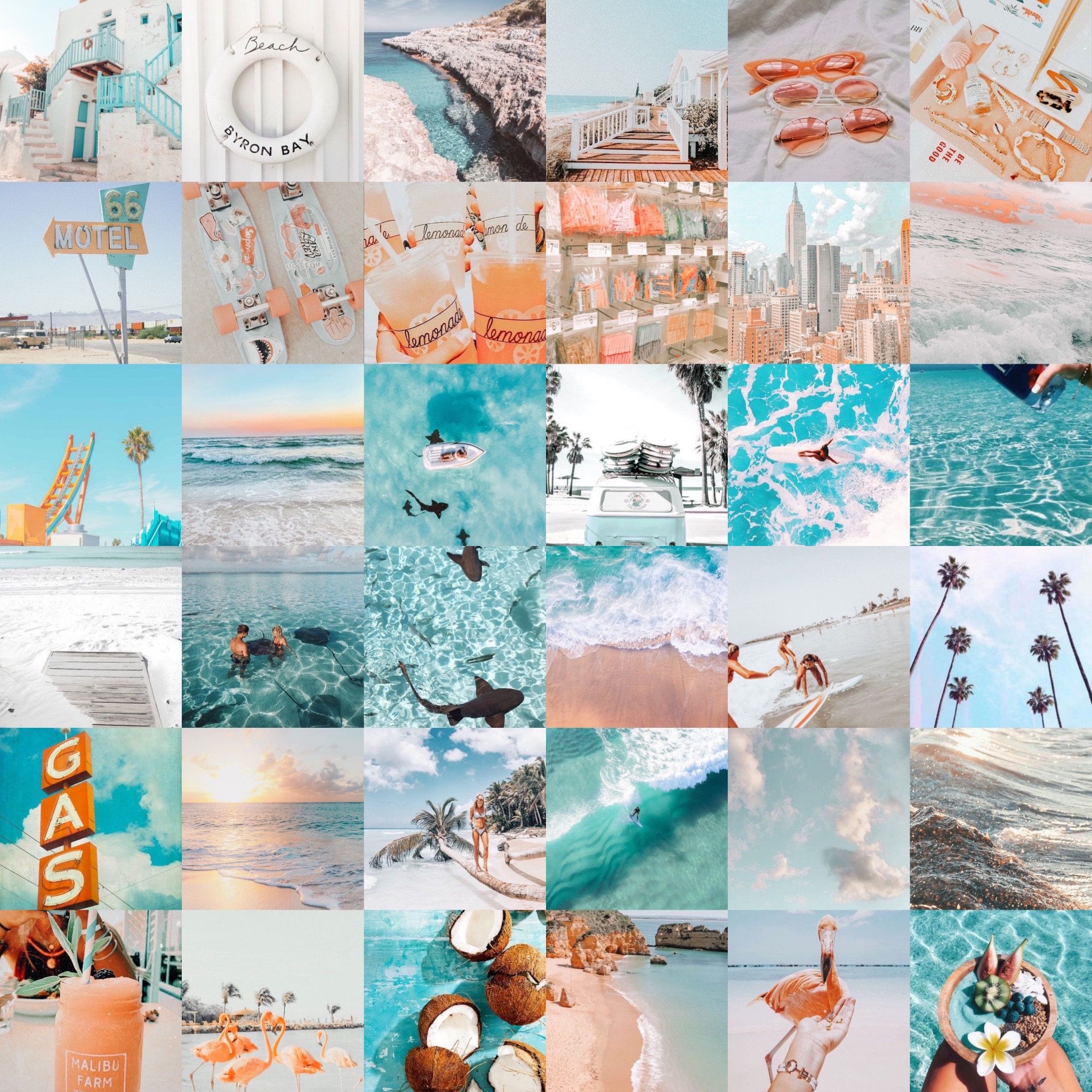 A collage of beach photos in blue and orange. - Teal, collage