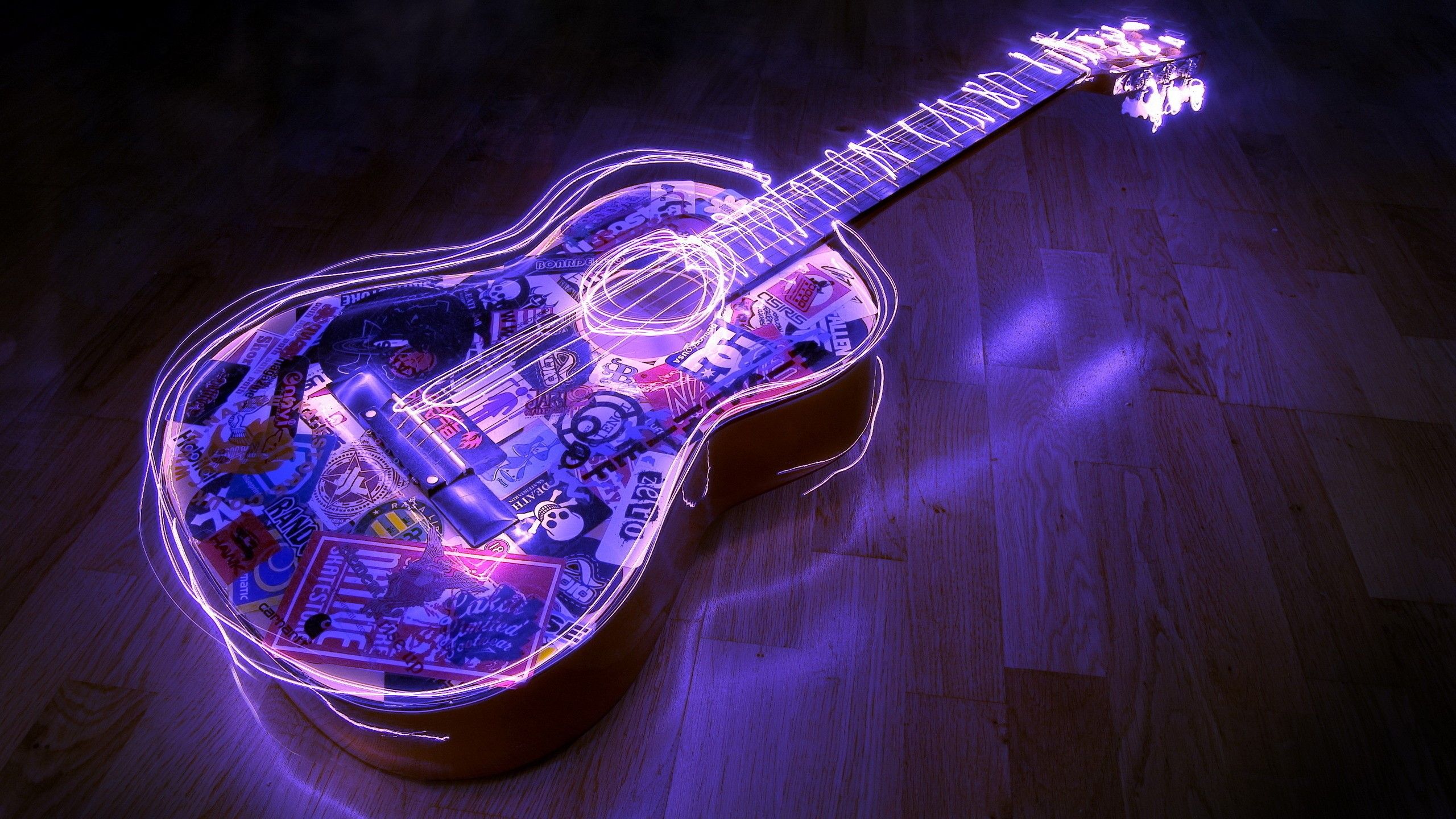 A guitar with glowing neon lights on it - Music, guitar