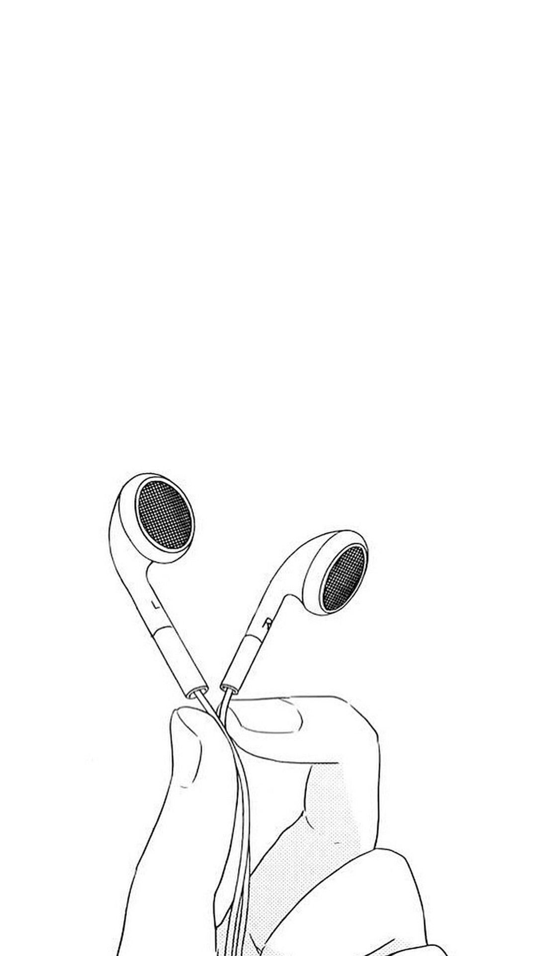 A drawing of someone holding two earbuds - Music