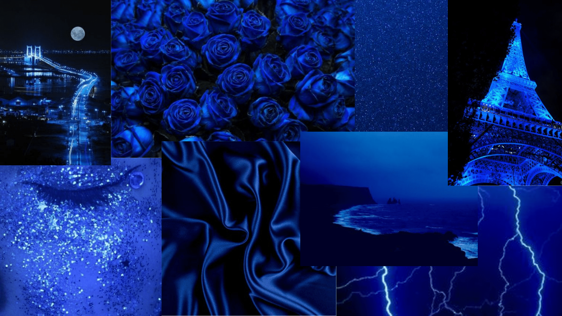 A collage of blue aesthetic images including roses, lightning, and the Eiffel Tower. - Dark blue, indigo, navy blue
