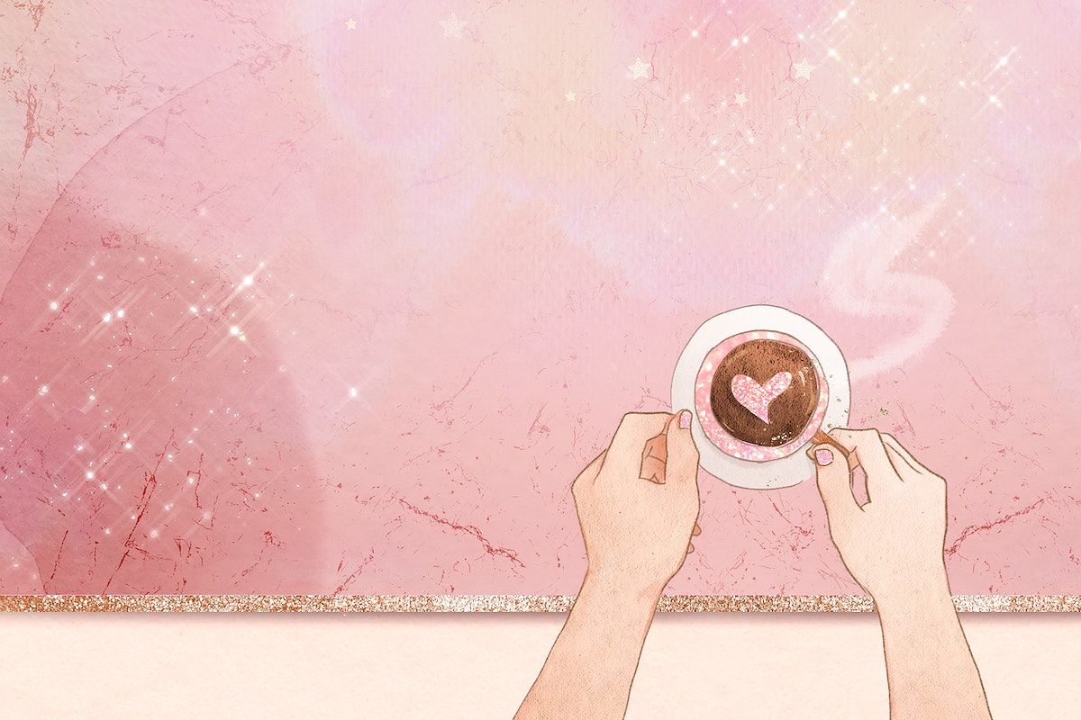 Two hands holding a cup of coffee with a heart shape in the foam against a pink background - Coffee