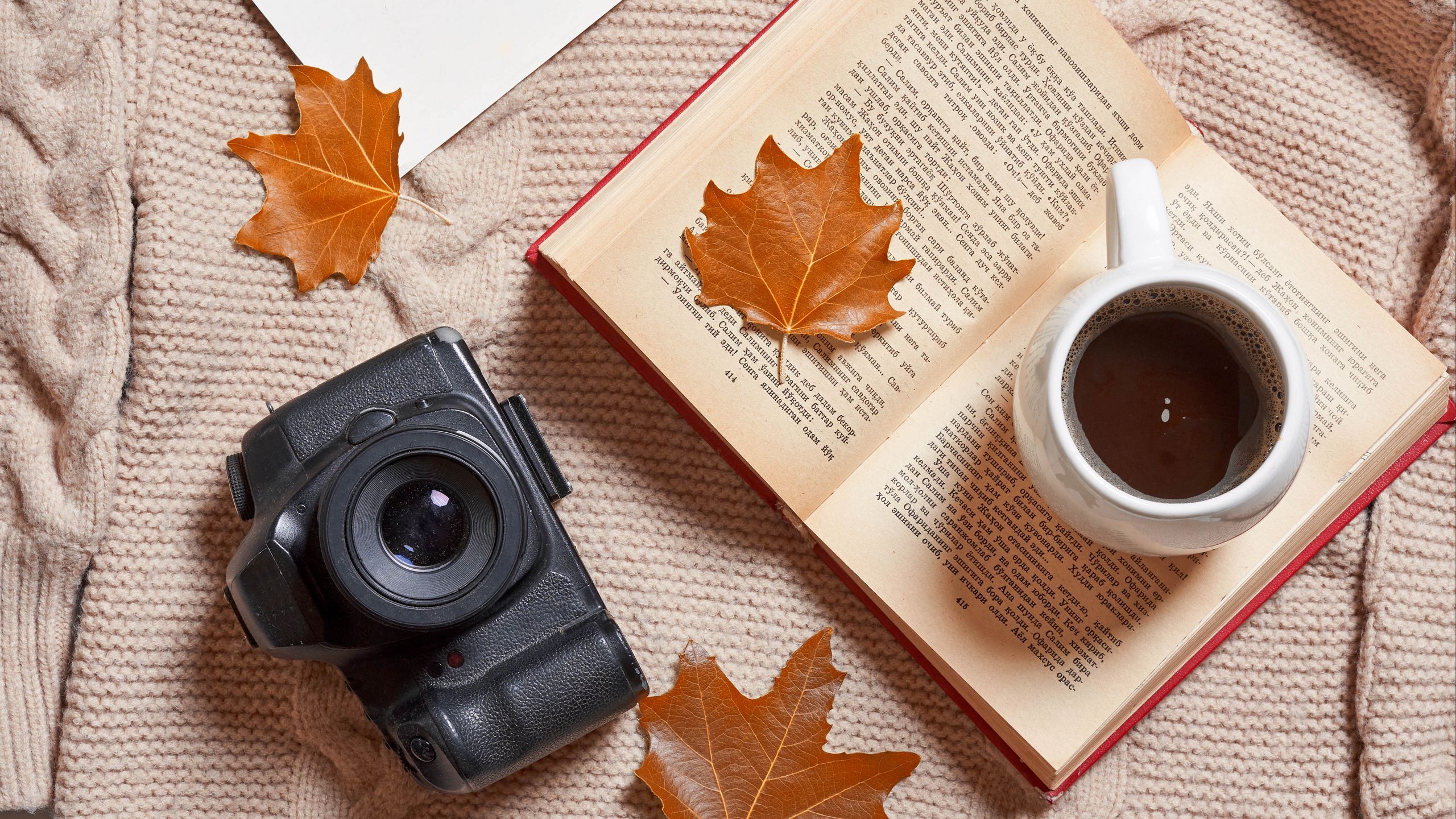 A camera, a cup of coffee, a book, and leaves on a sweater. - Coffee