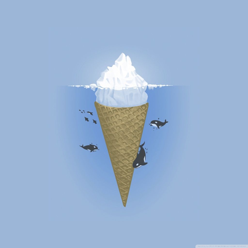 A graphic of an ice cream cone with a group of penguins swimming around it. - Cream
