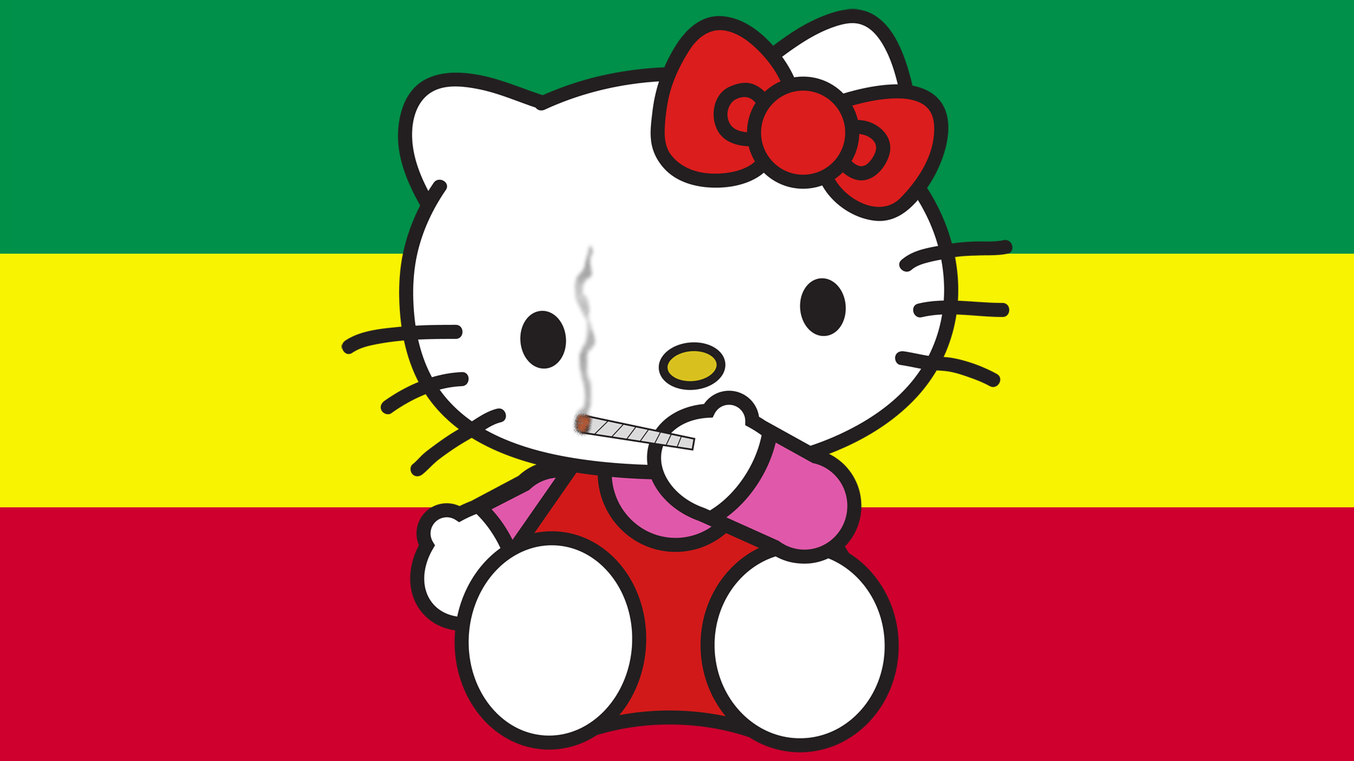 A hello kitty smoking on the flag of jamaica - Hello Kitty