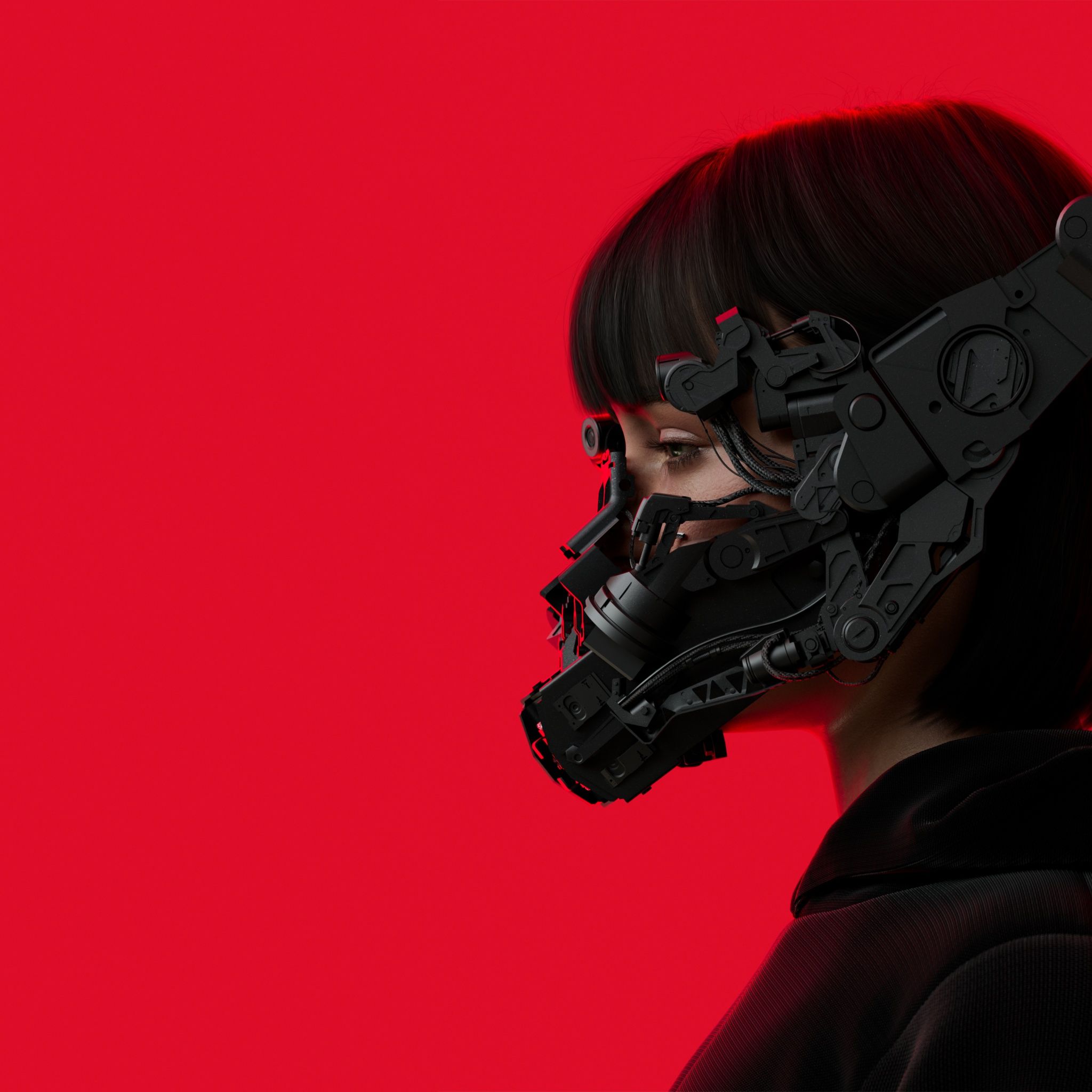Profile of a woman wearing a futuristic gas mask with a red background - Cyberpunk