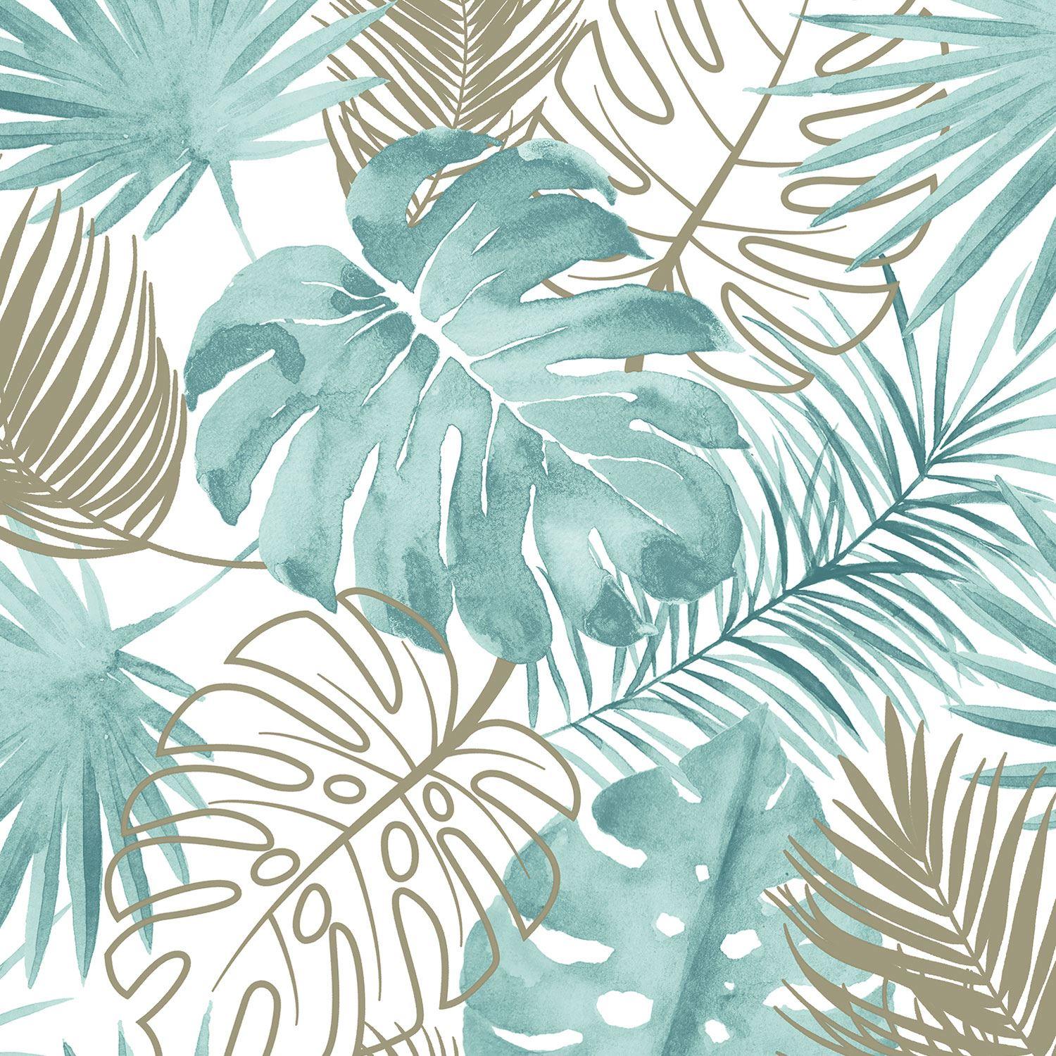 This wallpaper features a tropical palm leaf design in a watercolour style. - Leaves, Monstera, tropical