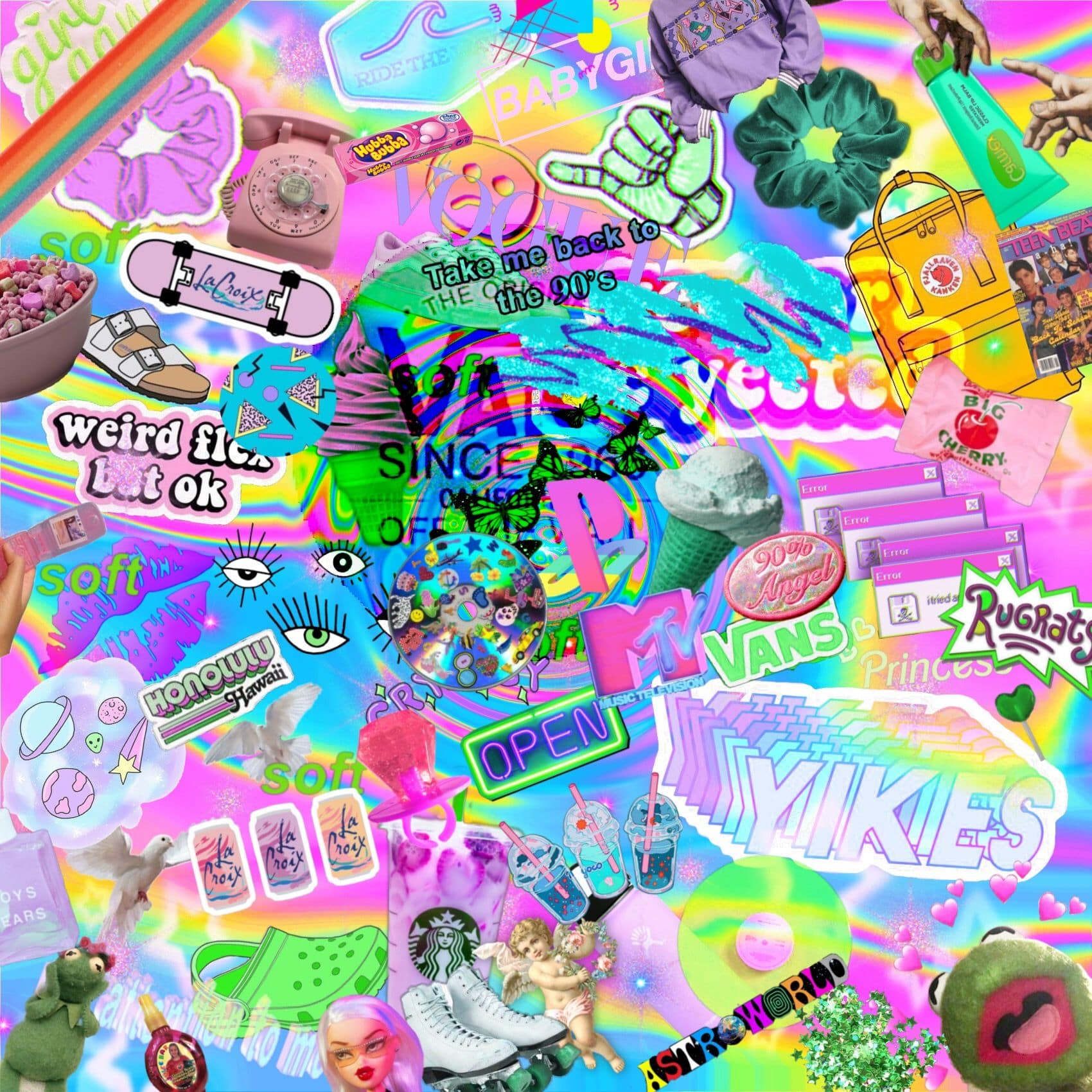 A colorful collage of stickers, including ice cream, a cat, and a pink phone. - Kidcore