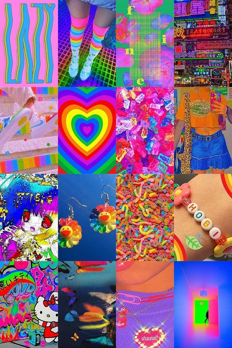 Aesthetic background of a rainbow and colorful collage - Kidcore