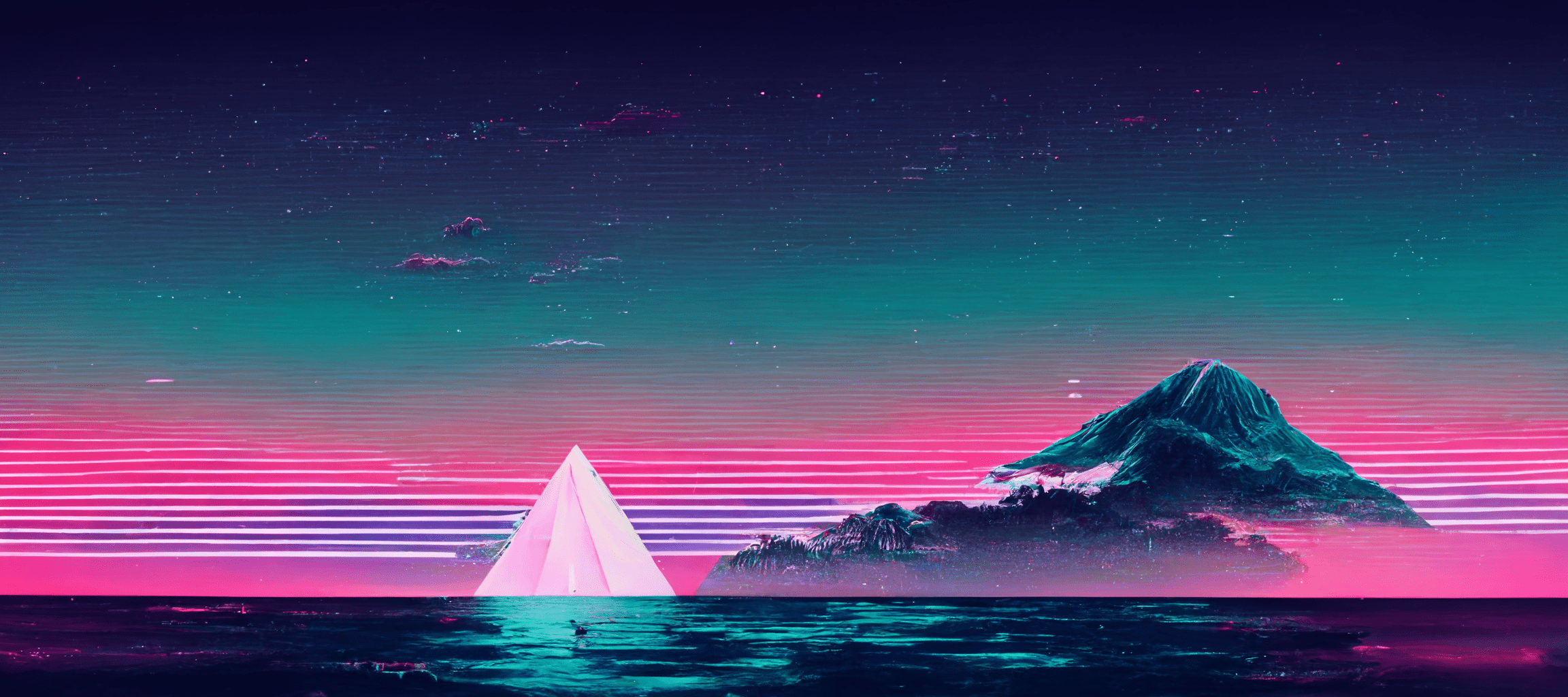 A neon mountain and pyramid island in the sea - Vaporwave