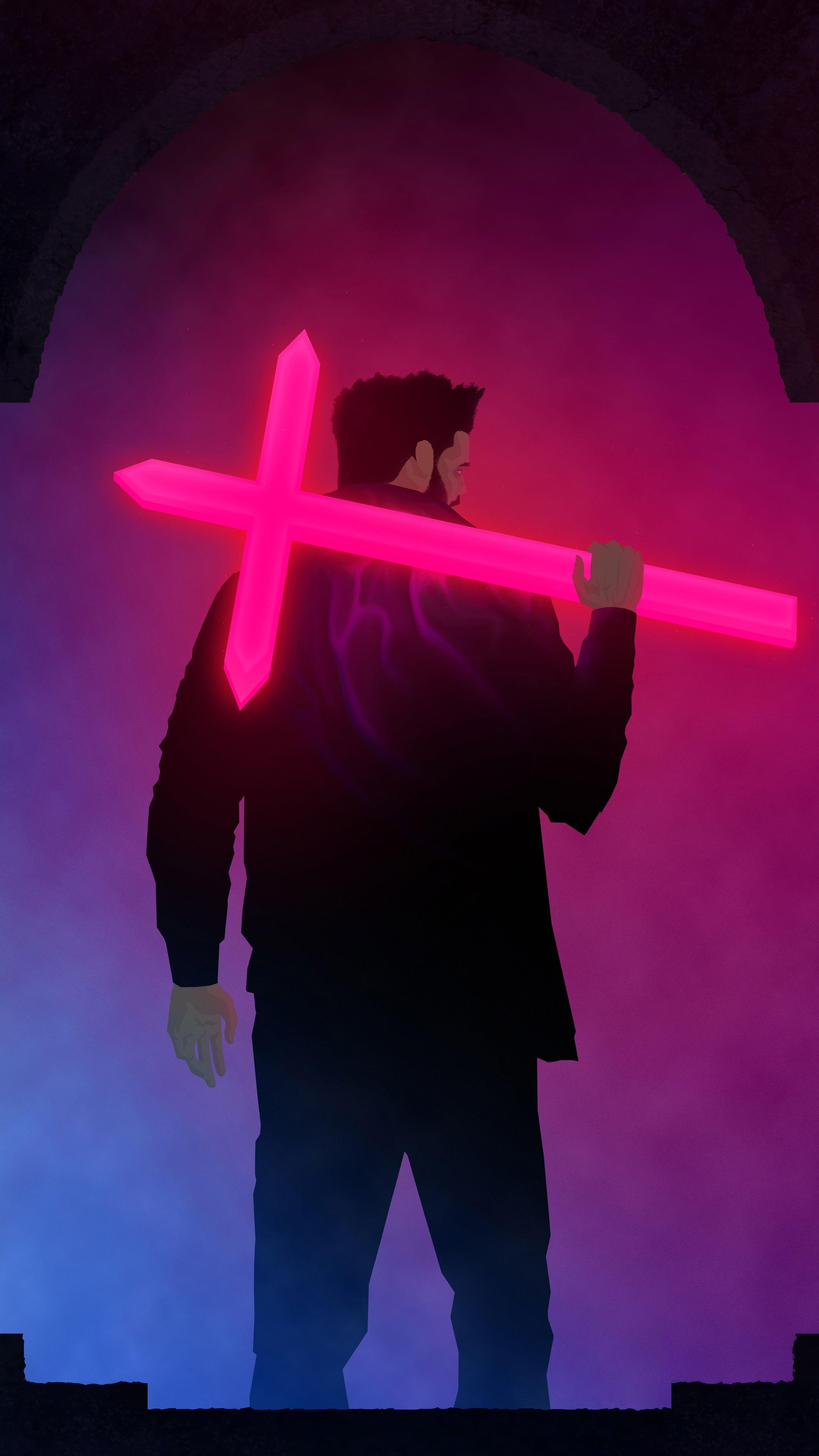 A man holding a glowing pink sword. - The Weeknd
