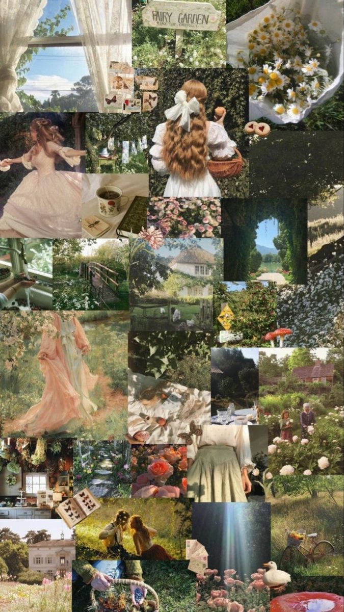 Aesthetic collage of photos of a garden, a girl with long hair and a bow, a girl in a dress, and a girl reading a book. - Cottagecore