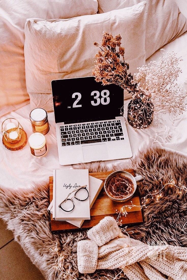 Laptop, book, glasses, and a cup of tea on a fur blanket. - Cozy