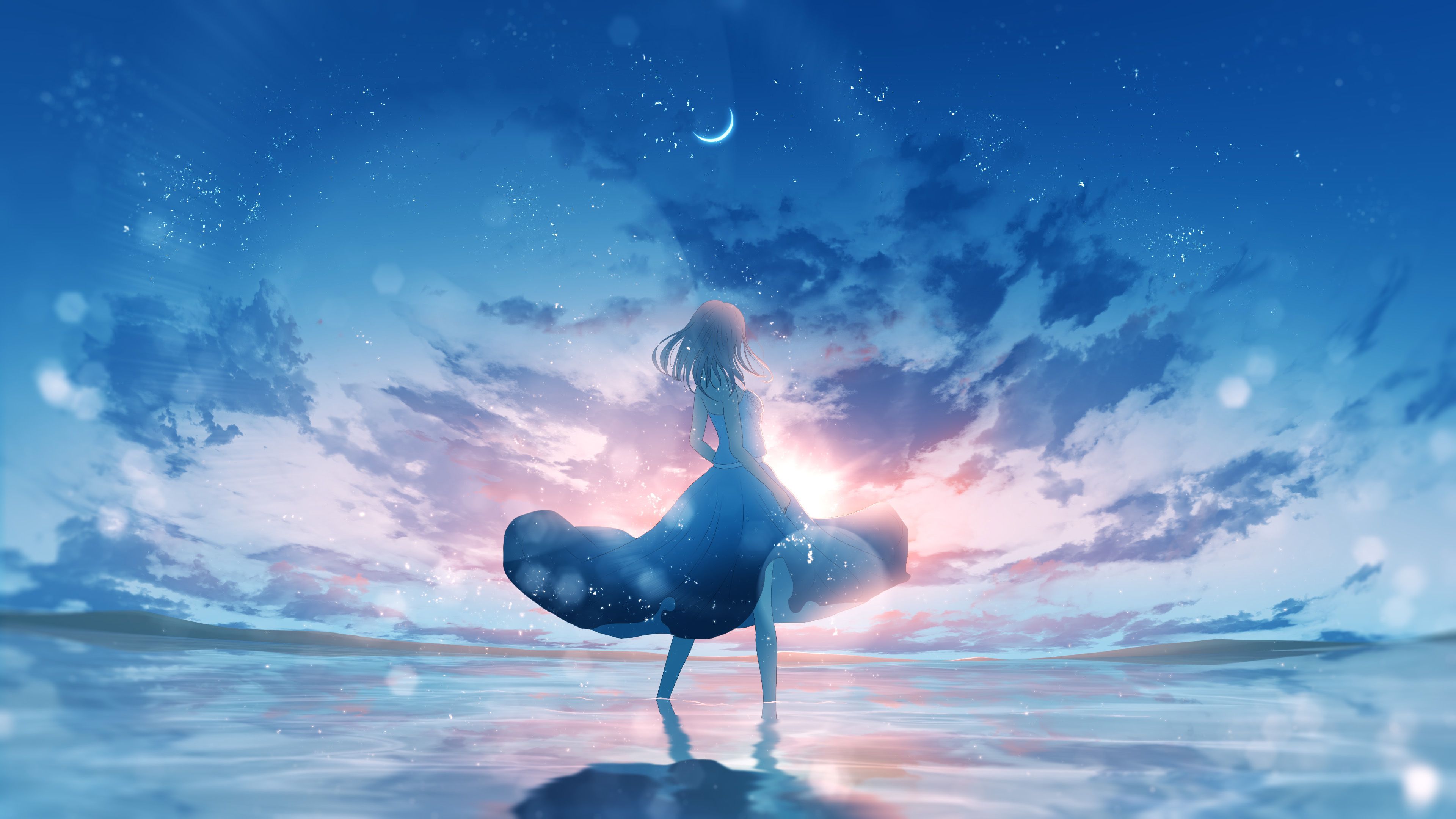 Anime girl standing in the sea under the moonlight - Blue anime, happy