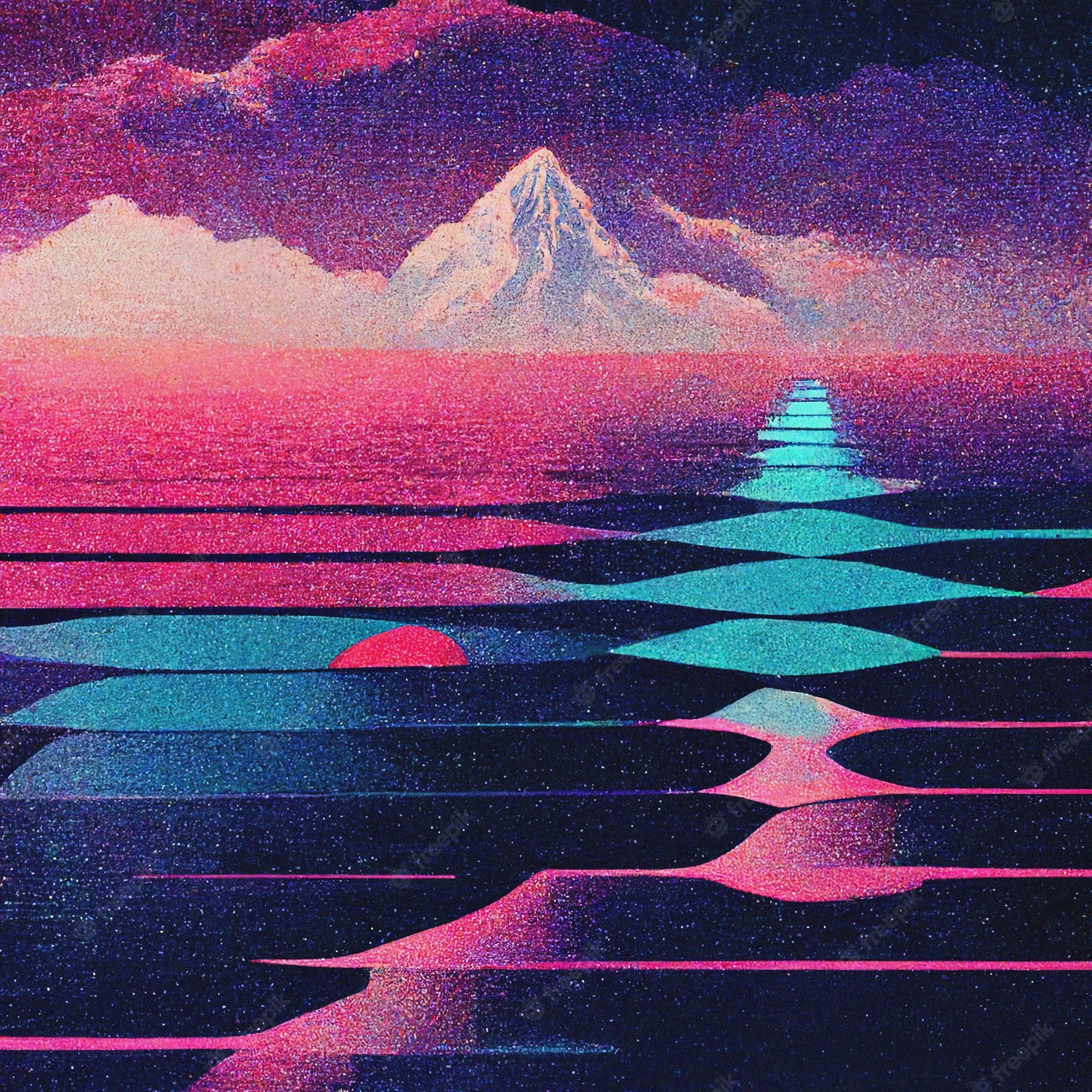 A painting of the ocean with mountains in it - 80s