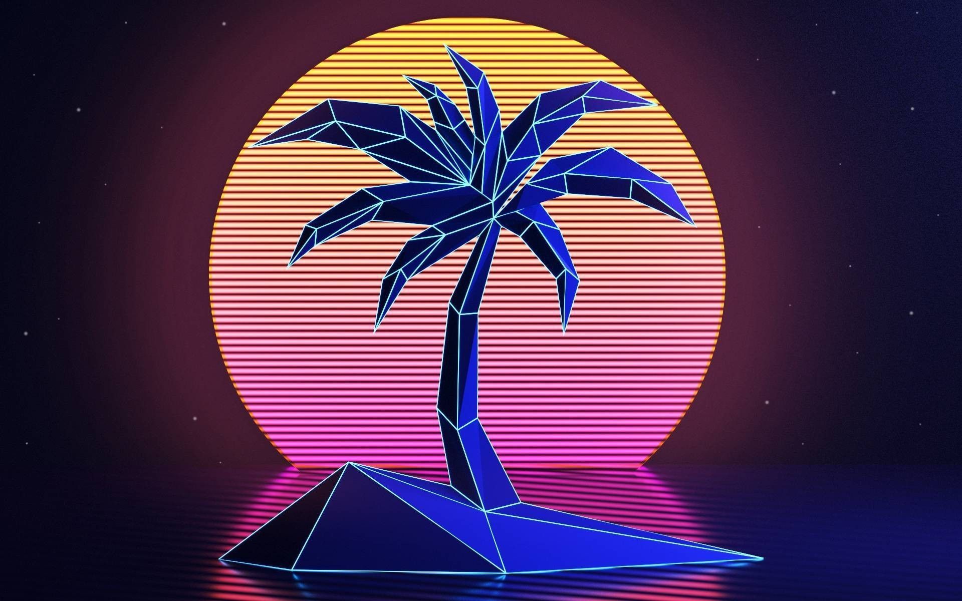 A neon palm tree on an island with the sun setting in front of it - 80s