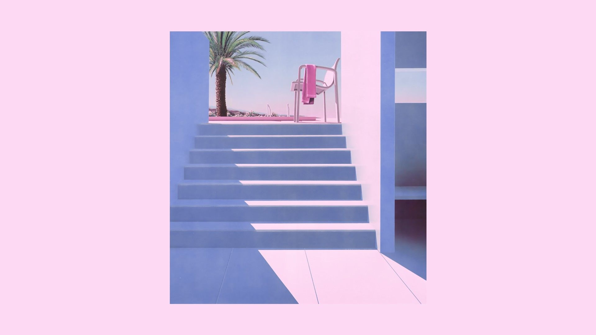vaporwave, stairs, 80s, pink, chair, palm trees, Retrowave Gallery HD Wallpaper