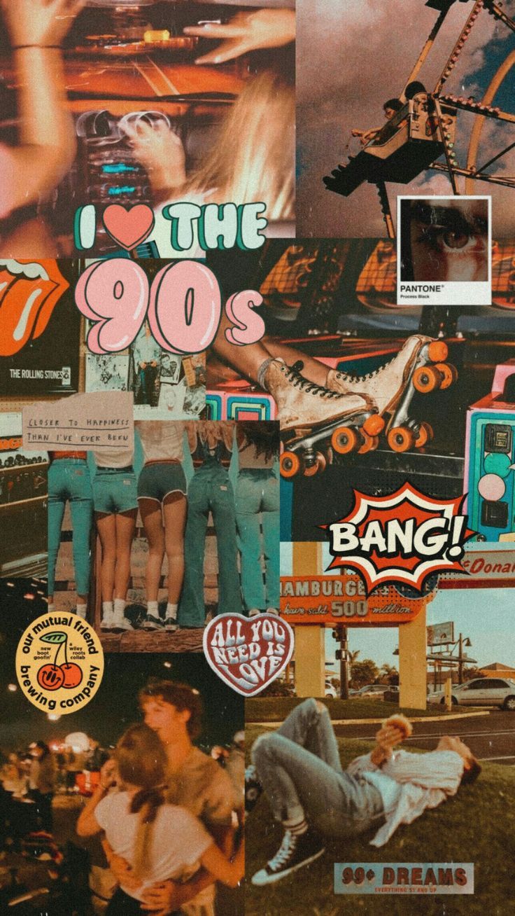 A collage of 90s images including roller skates, roller coasters, and magazine cutouts - 90s