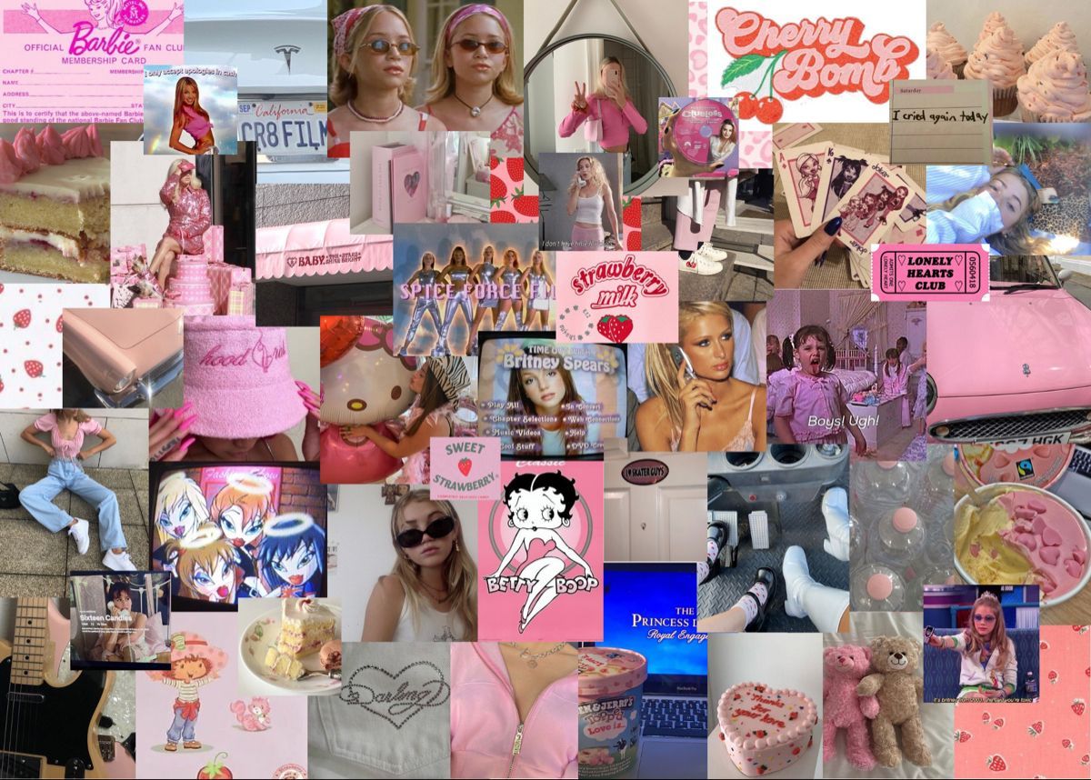 A collage of pink themed images including Barbie, candy and fashion. - 2000s