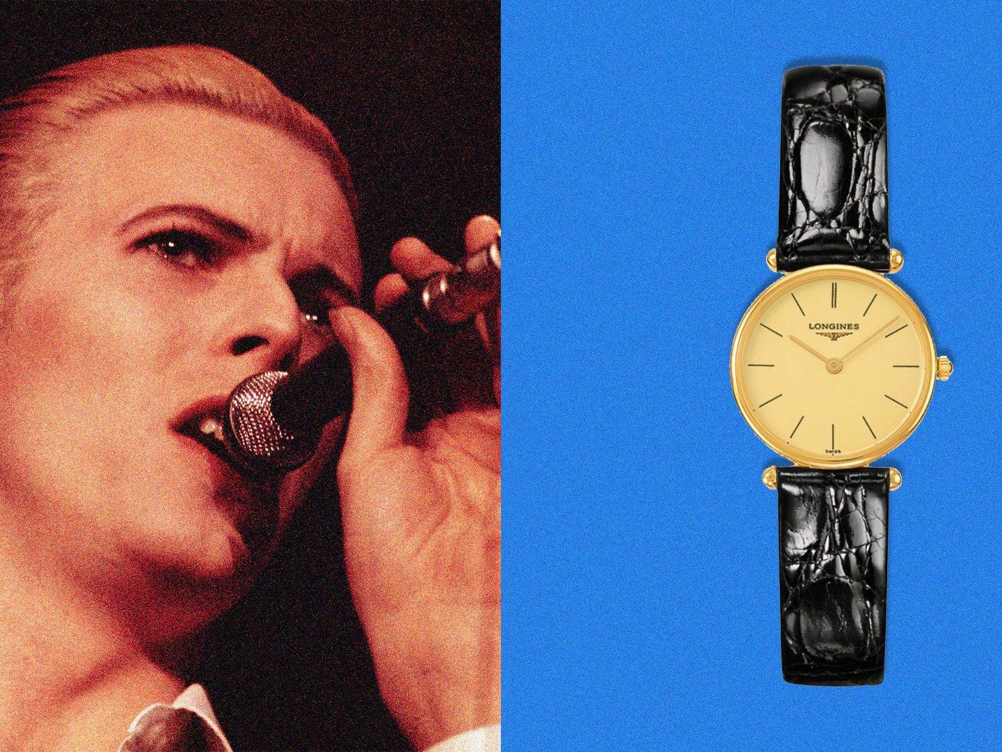 A collage of David Bowie singing into a microphone and a gold and black leather strap watch - David Bowie