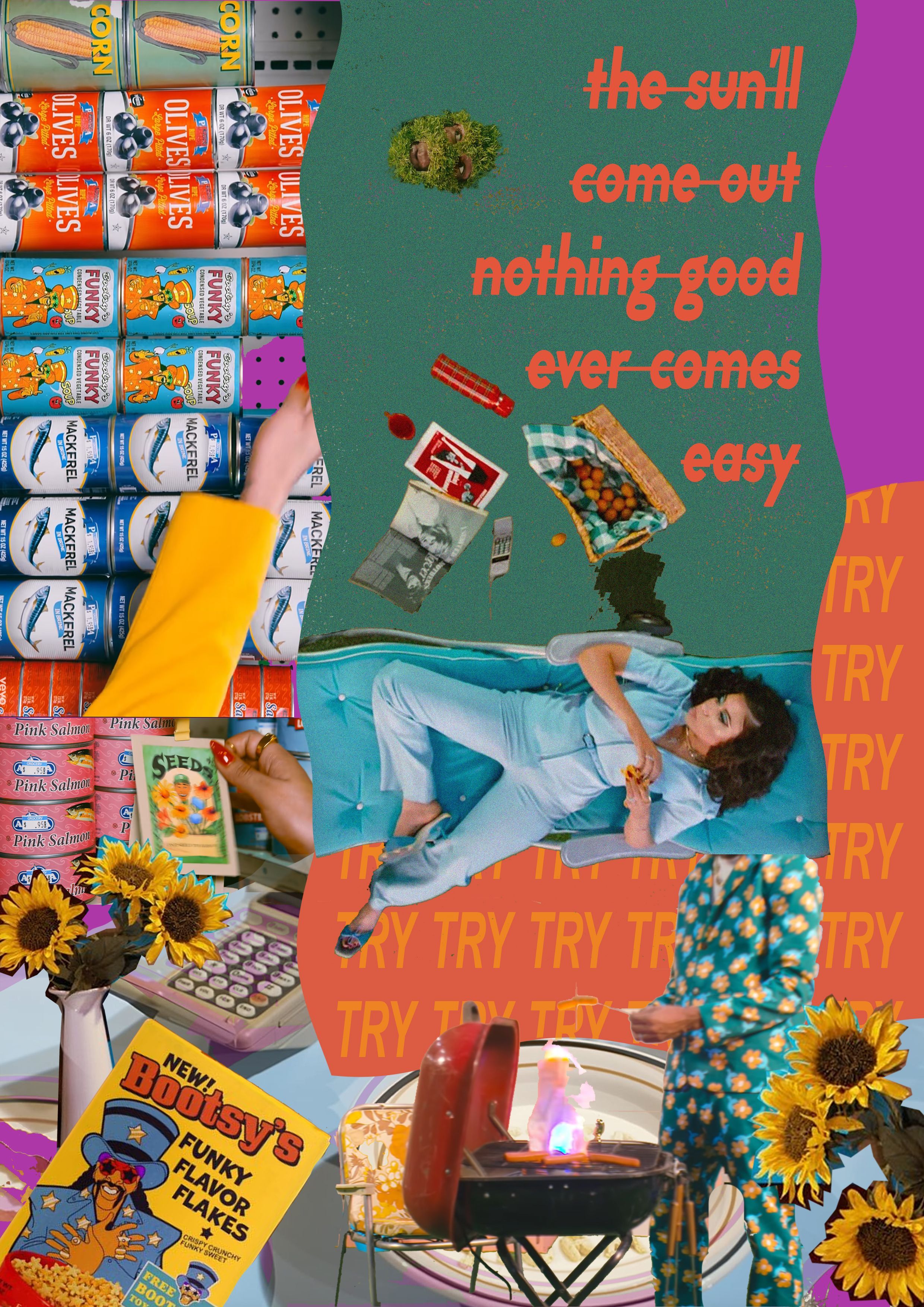 A collage of images including a woman, a book, a fire, and food. - Kali Uchis