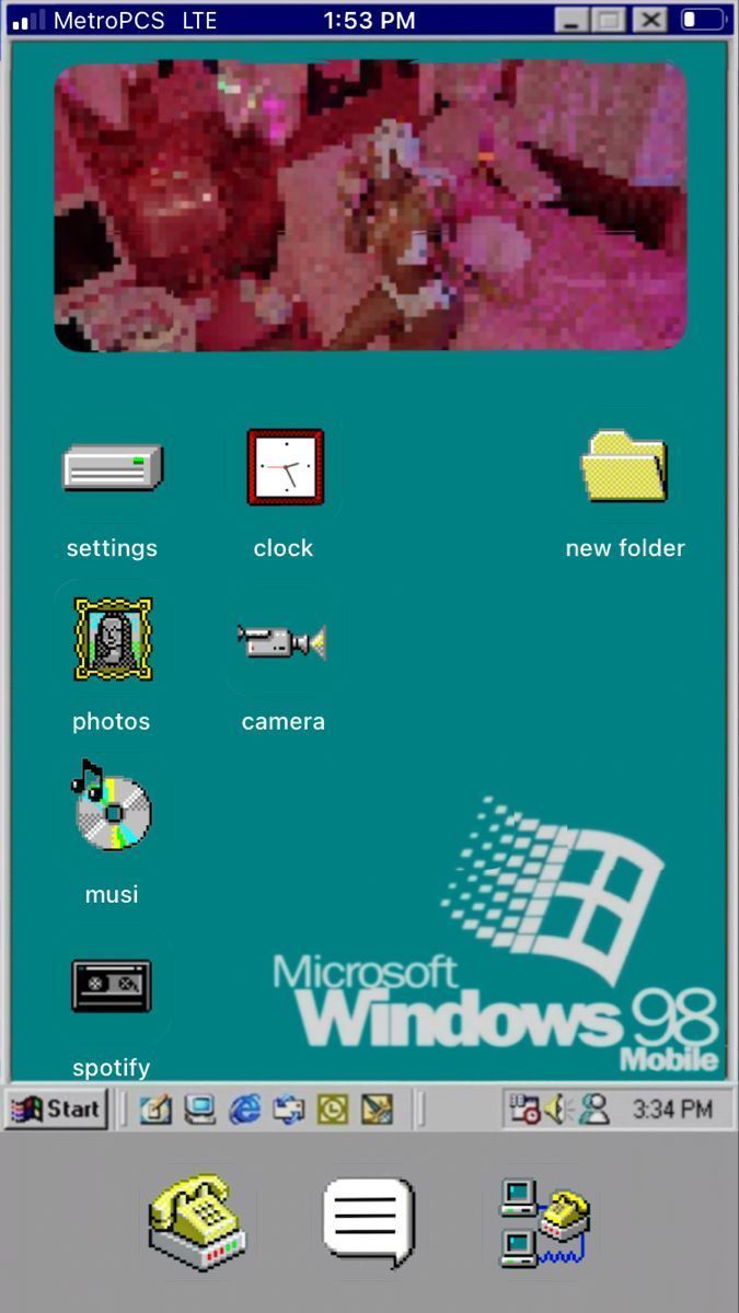 A phone screen with a Windows 98 theme. - Windows 98