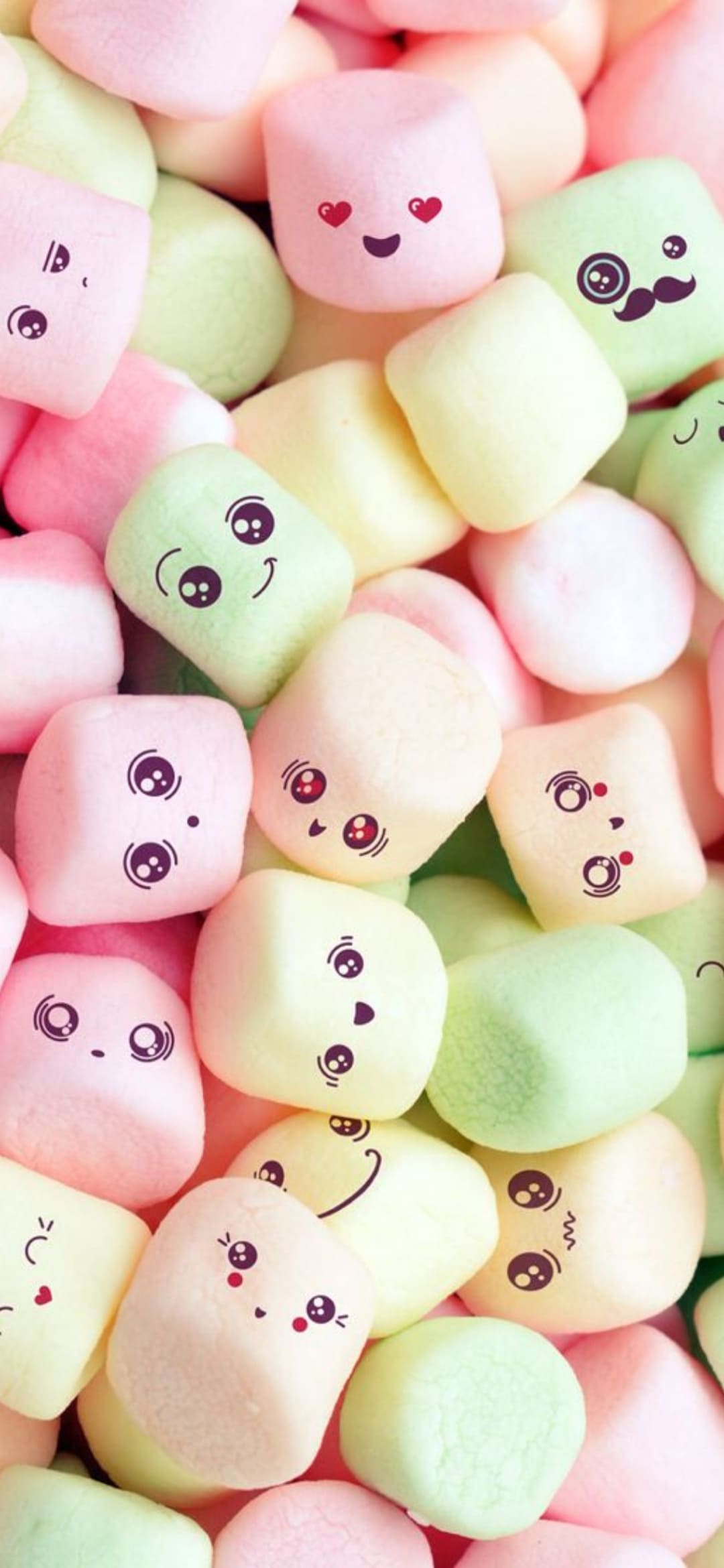 A pile of candy with faces on them - IPhone, cute, marshmallows