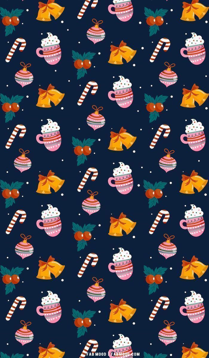 Wallpaper for phone, christmas pattern, on a dark blue background, with candy canes, bells, and cups - Cute, phone, Christmas, iPhone, pretty, November, cute Christmas, Christmas iPhone, candy cane, cute fall, pattern, July