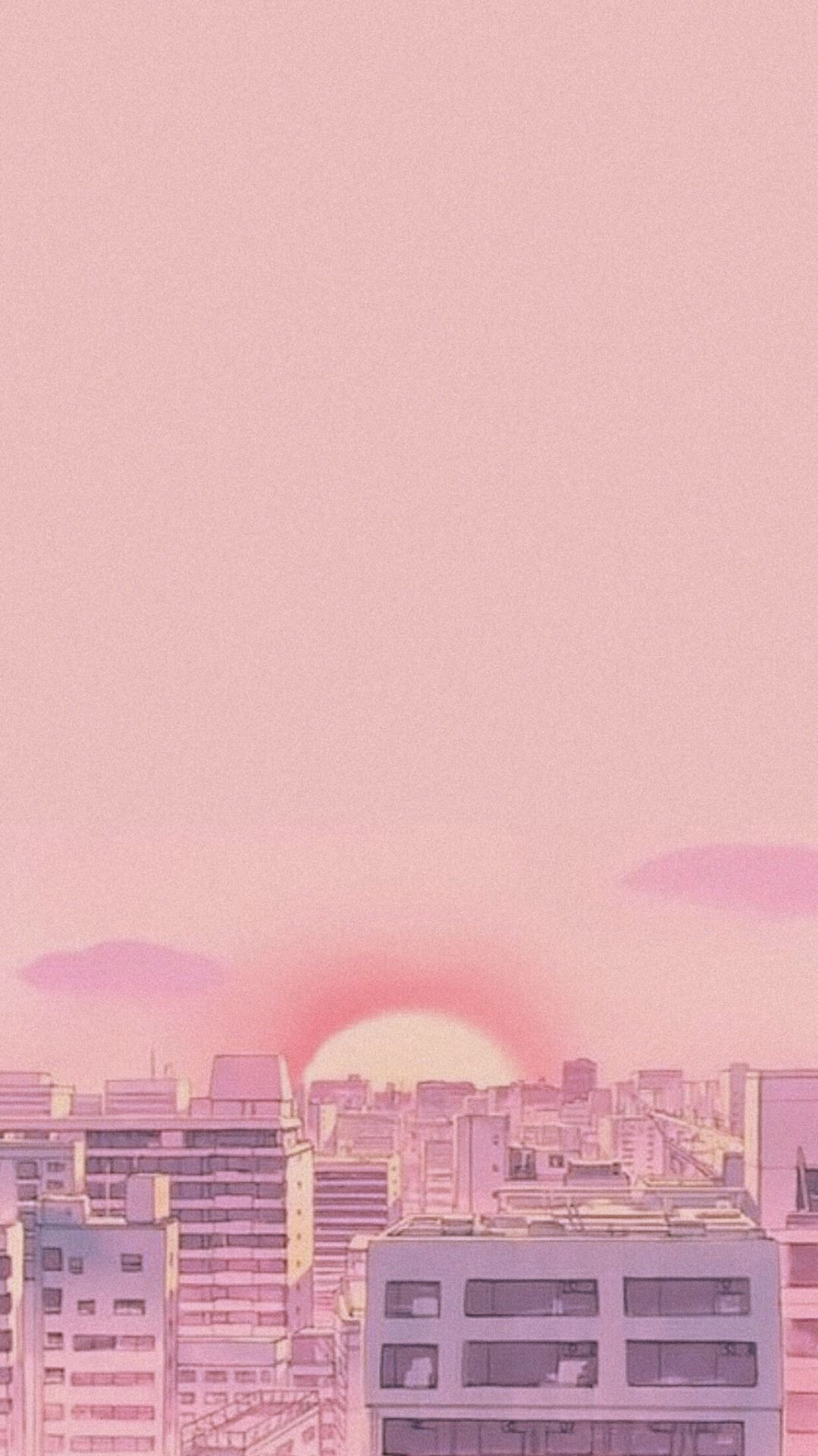 A pink sky with buildings and the sun setting - Anime, pink anime