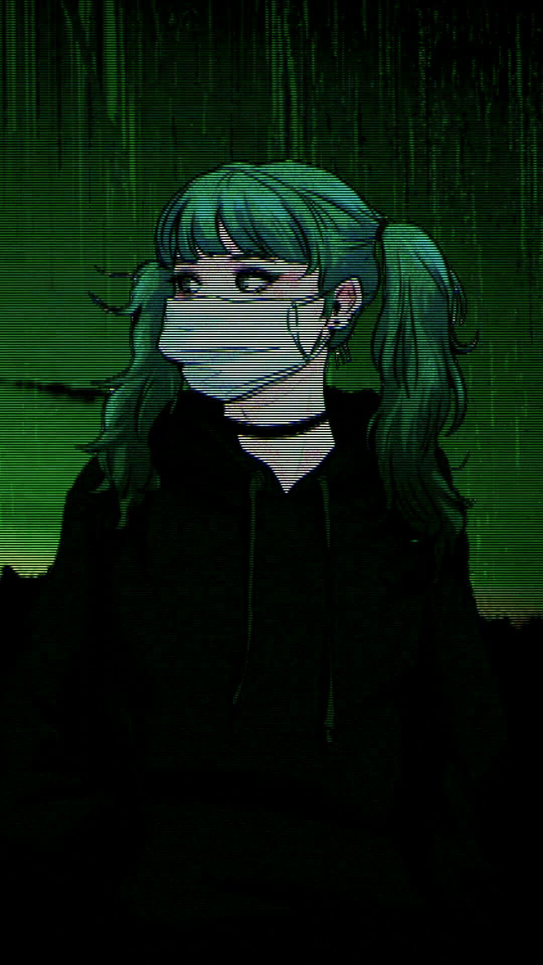 Aesthetic anime girl with green hair and mask in the rain - Anime