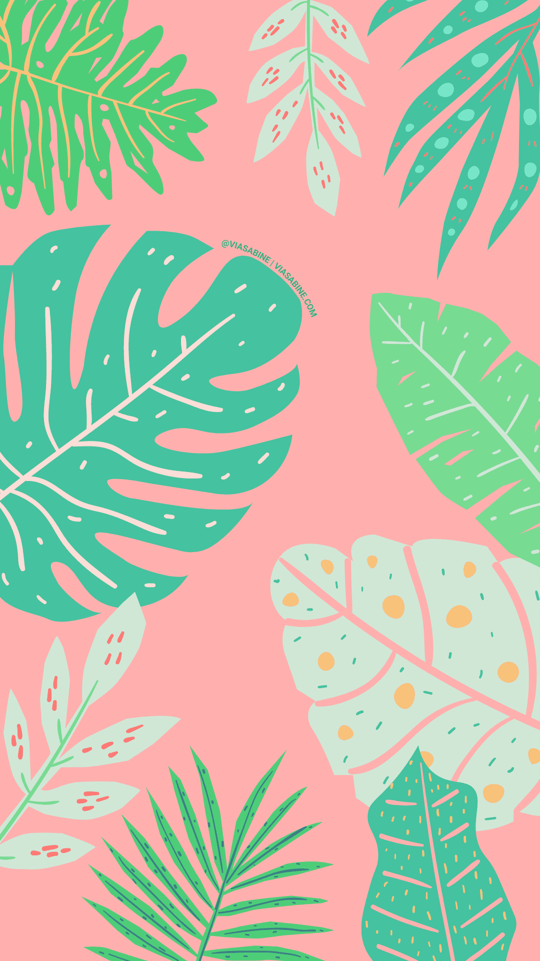 A pattern of tropical leaves on pink background - Phone, leaves, Monstera, nurse, teal