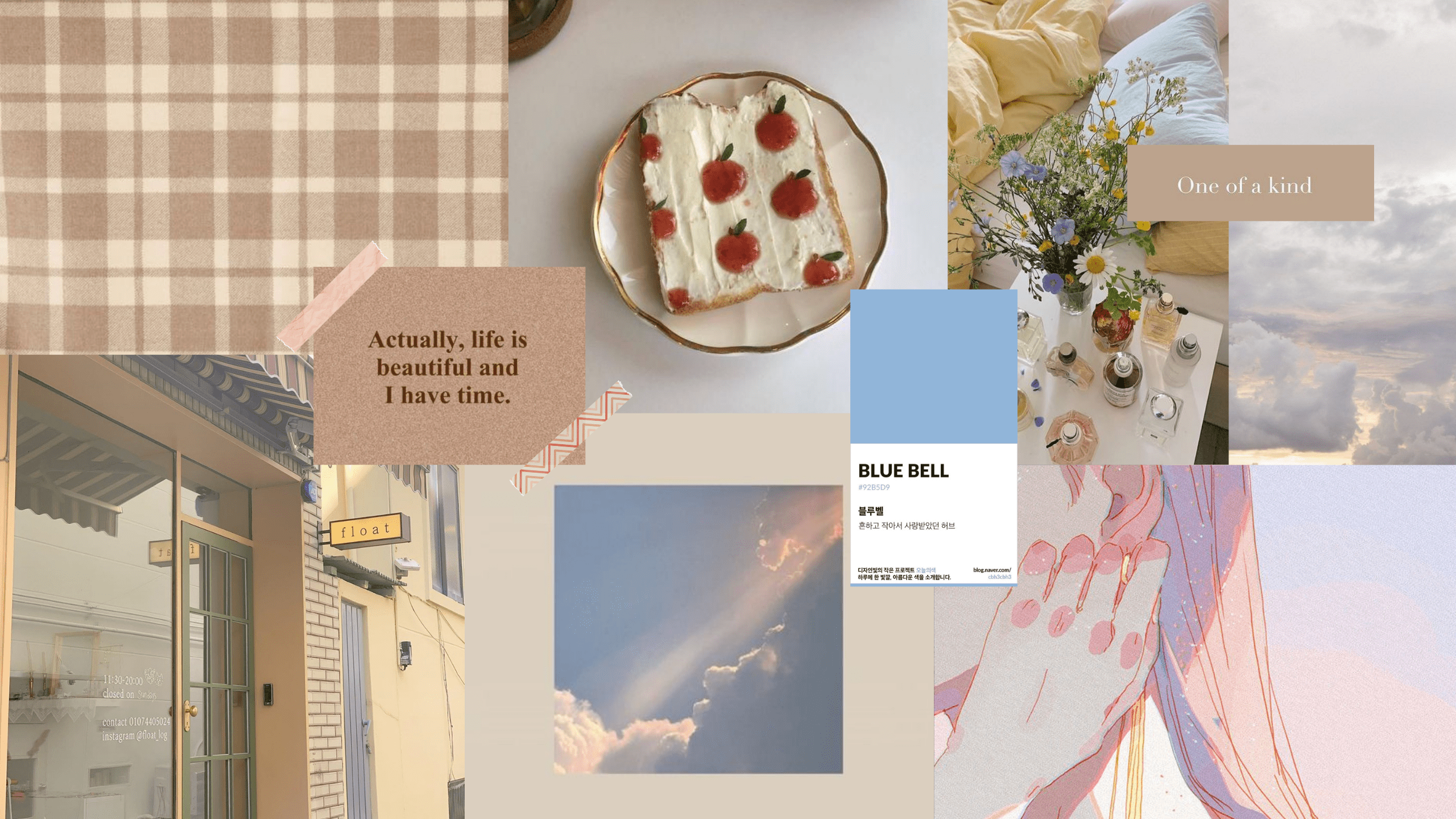 A mood board featuring a range of images including food, a window, a sunset, and a quote. - Desktop, laptop