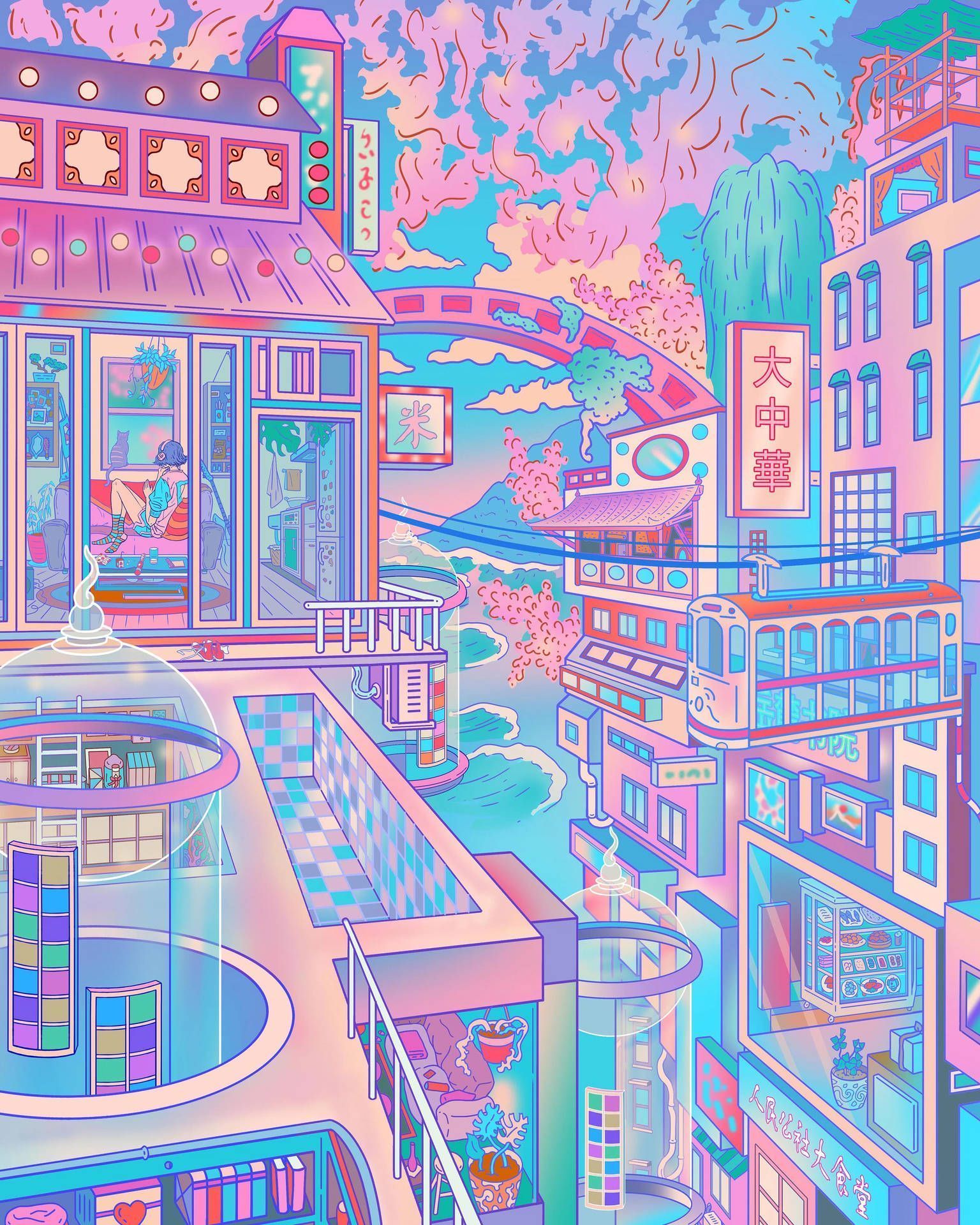 Download Futuristic World In Pastel Japanese Aesthetic Wallpaper